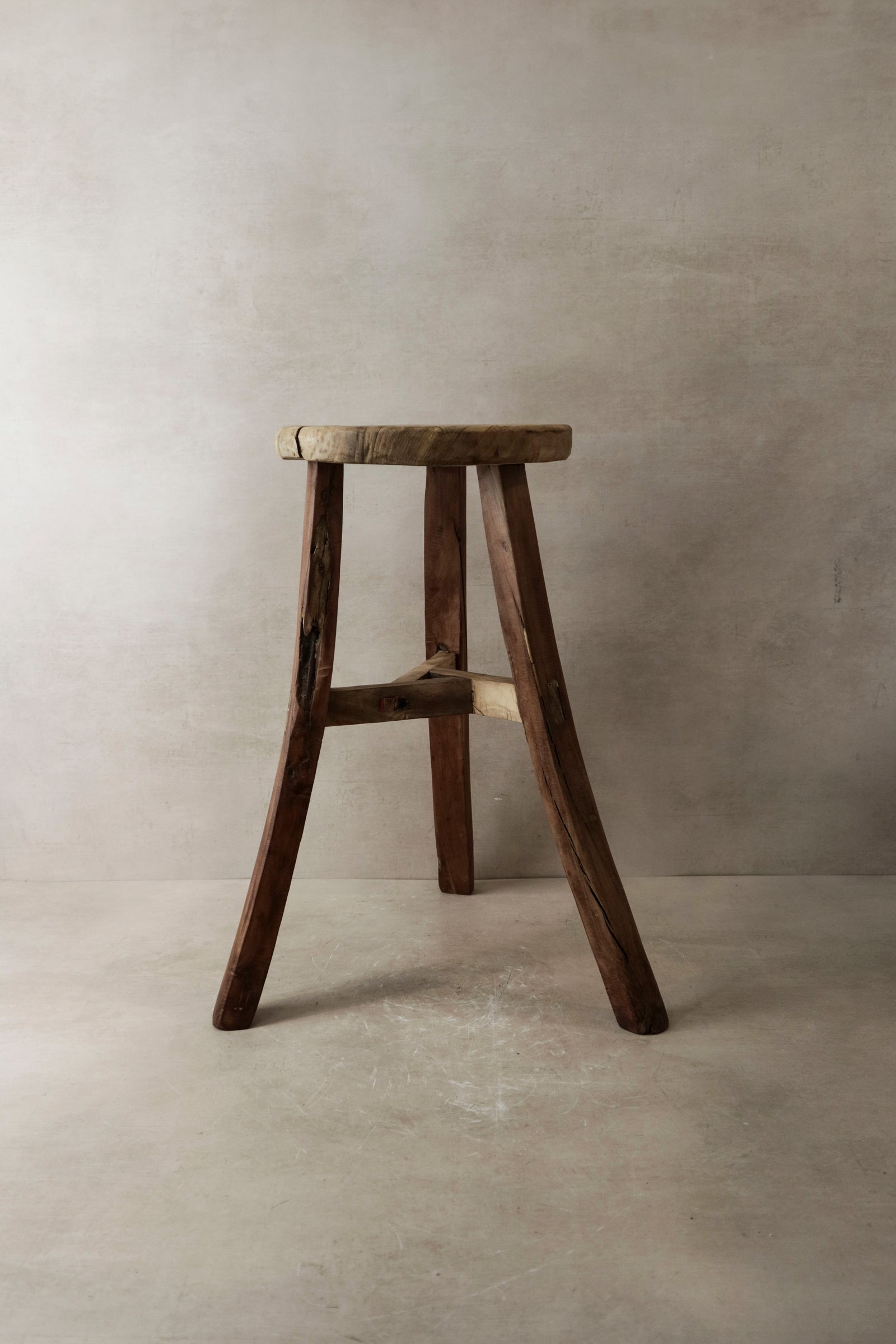 Vintage Rustic Elm Wood Stool - Round - No 3