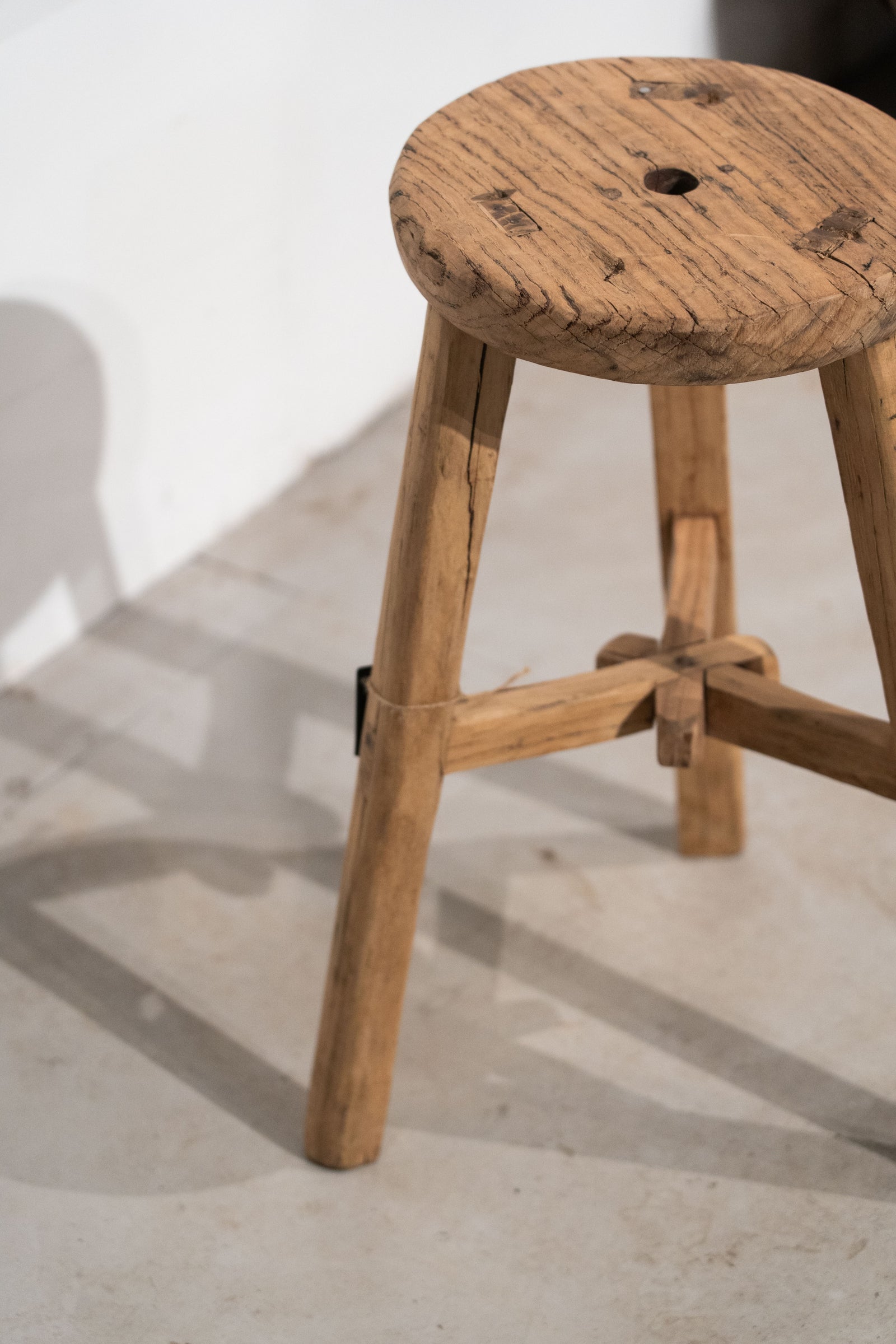 Vintage Rustic Round Stool - Elm wood
