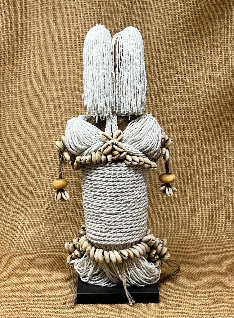 Hand-carved white beaded Namji double doll from Cameroon