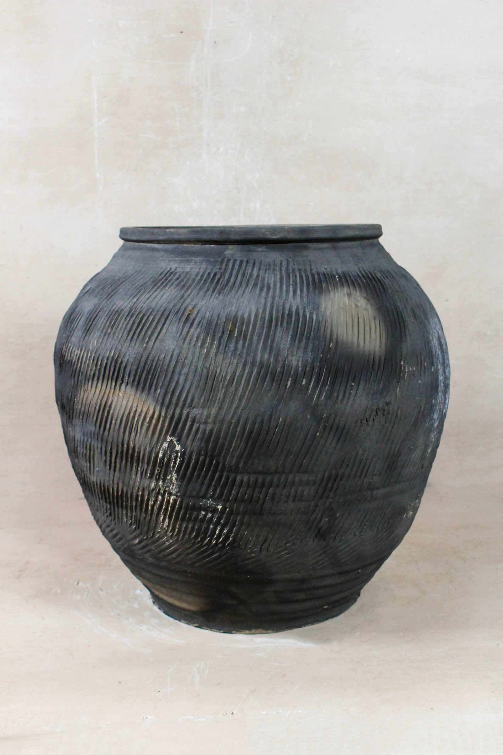 Vintage textured grey unglazed clay pot from Shanxi, China