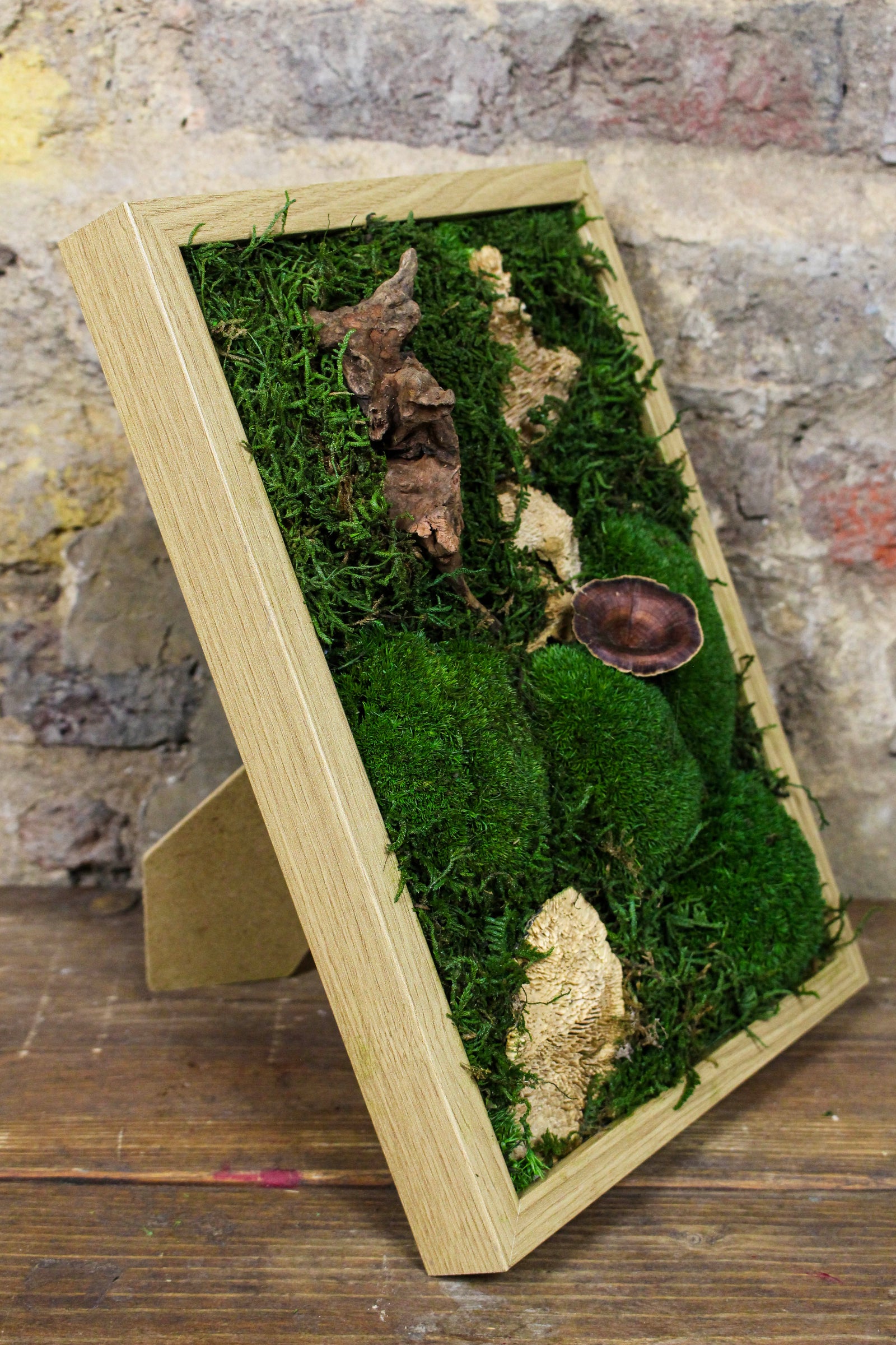 Angled view of the framed preserved moss artwork (FR88) — Botanical Boys