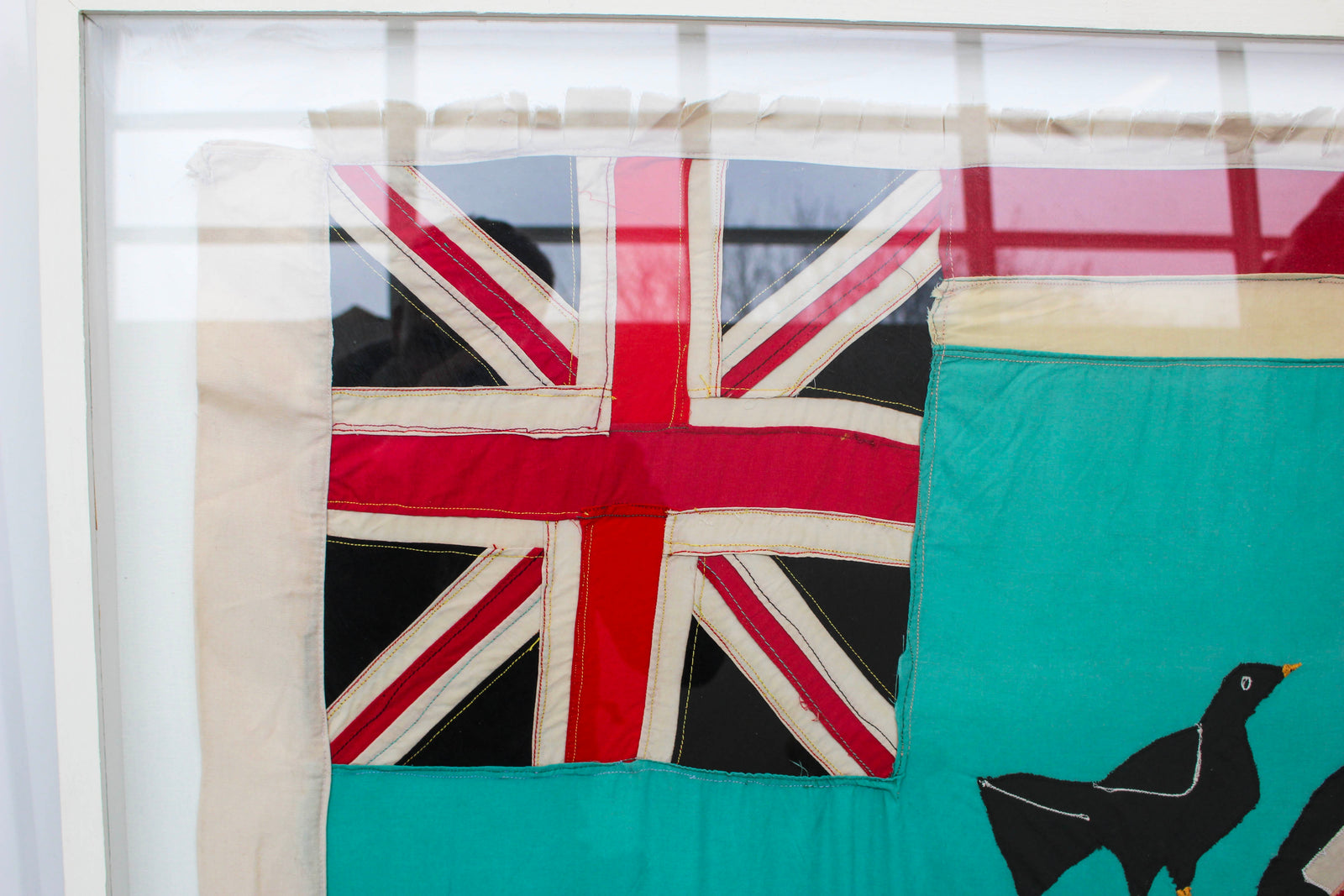 Framed Asafo Fante flag from Ghana (19) — float-mounted African textile folk art wall hanging (view 3)