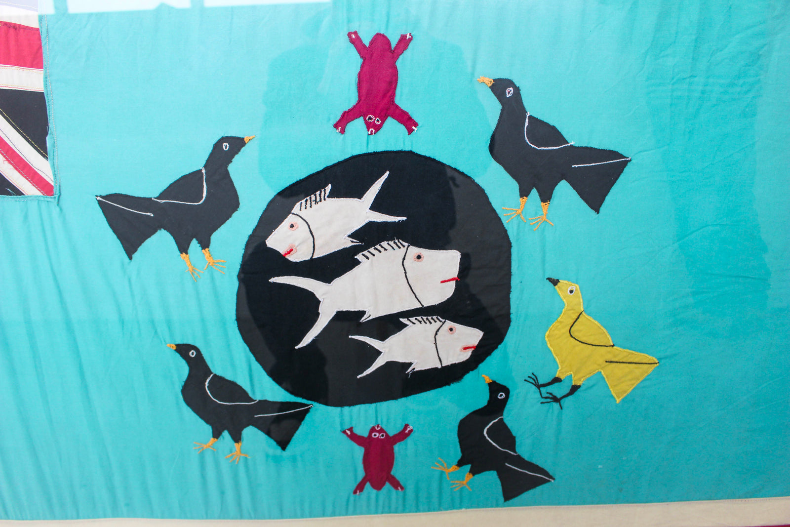 Framed Asafo Fante flag from Ghana (19) — float-mounted African textile folk art wall hanging (view 4)