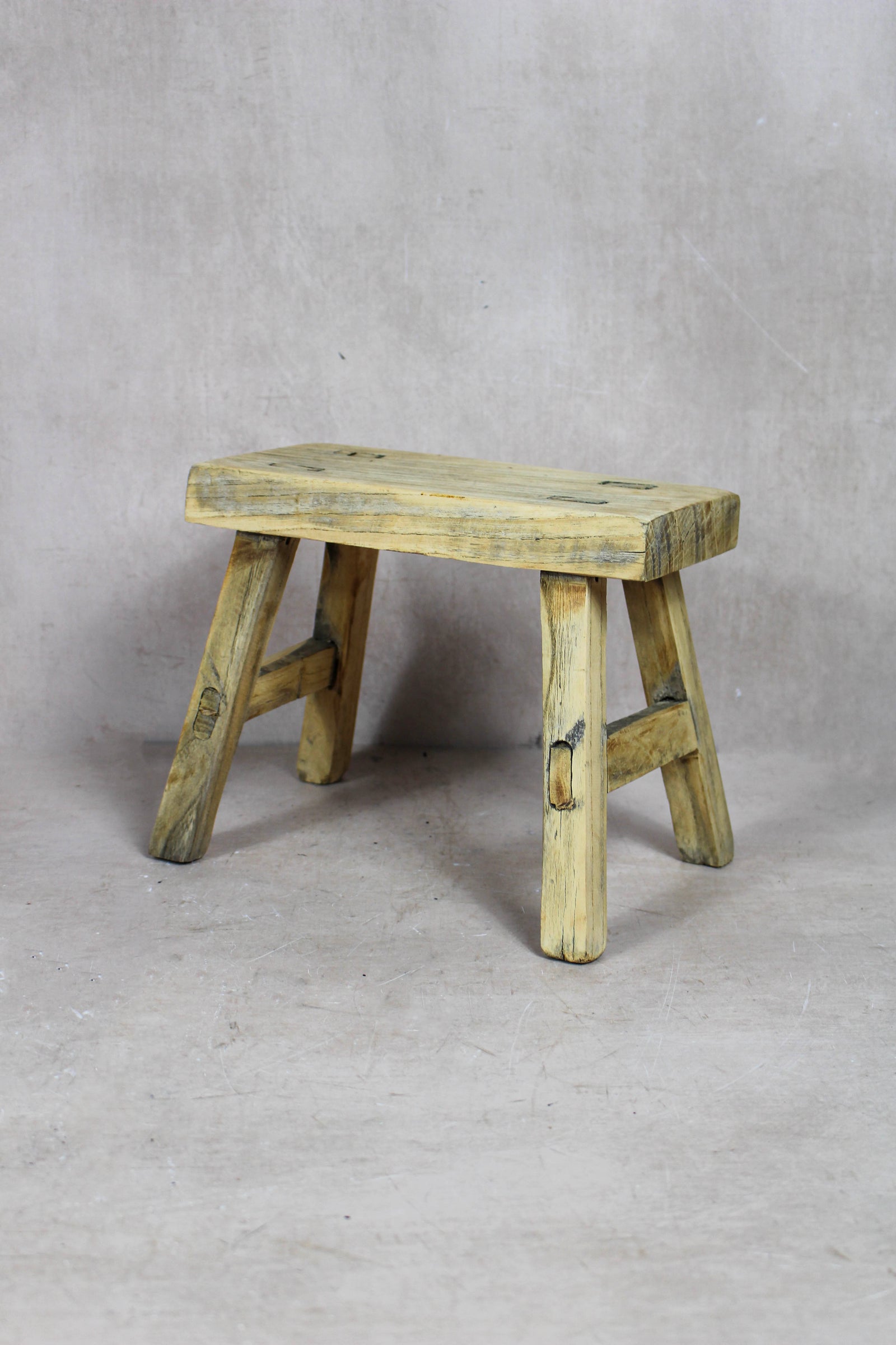 Small vintage rustic reclaimed elm wood stool 45 – Botanical Boys