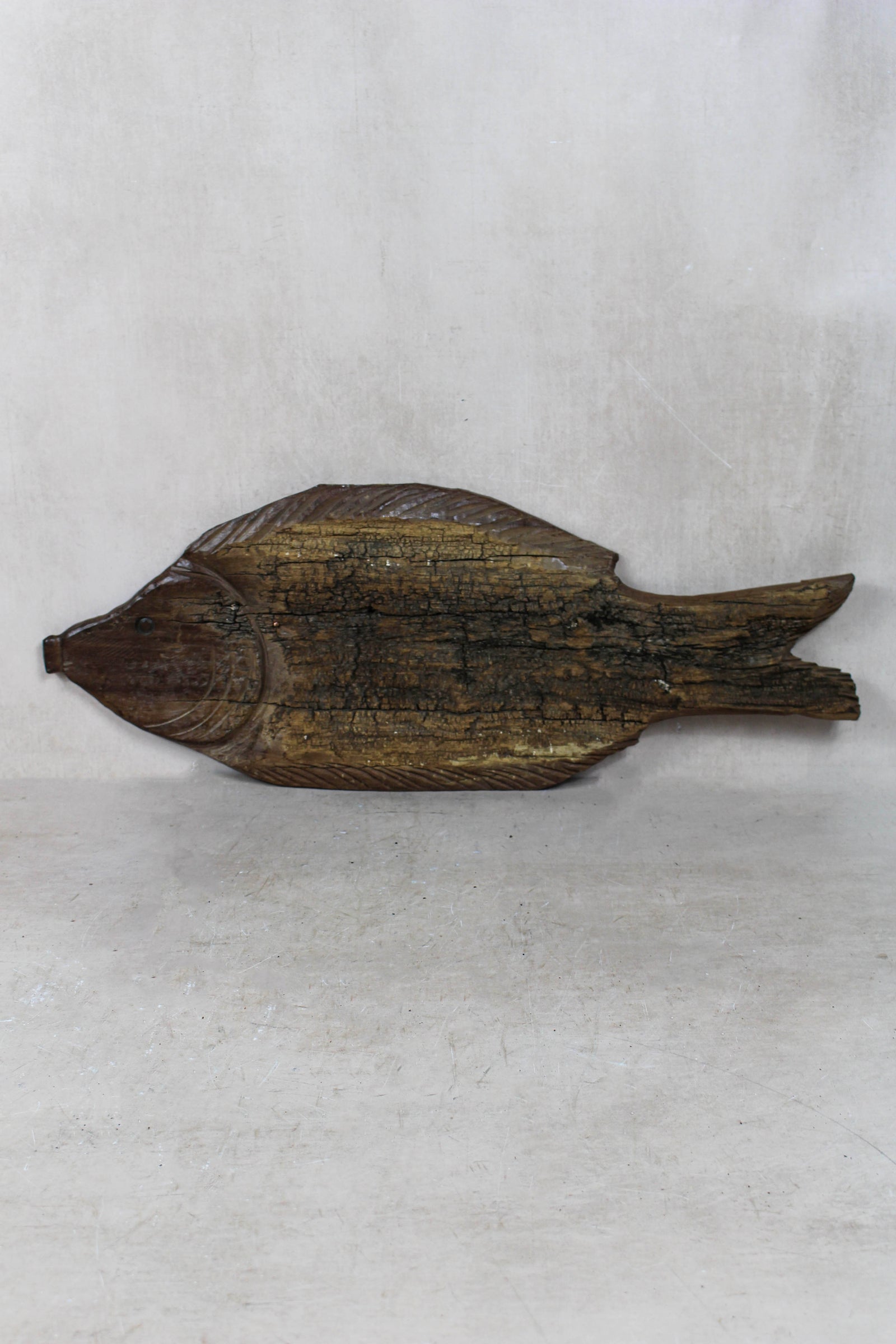 Hand-carved driftwood fish wall sculpture in weathered wood (116.3)
