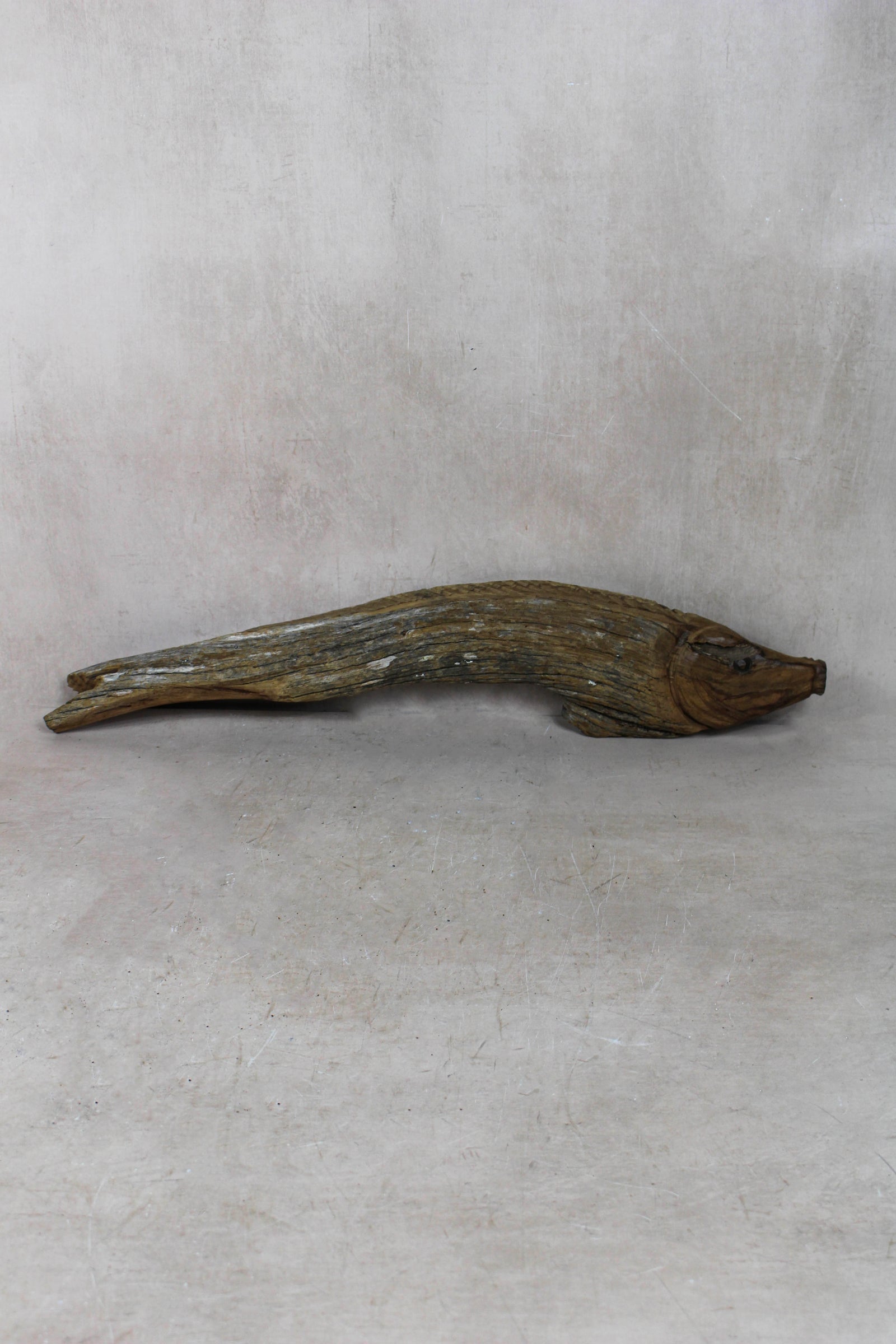 Hand-carved driftwood fish wall sculpture in weathered wood (116.7)