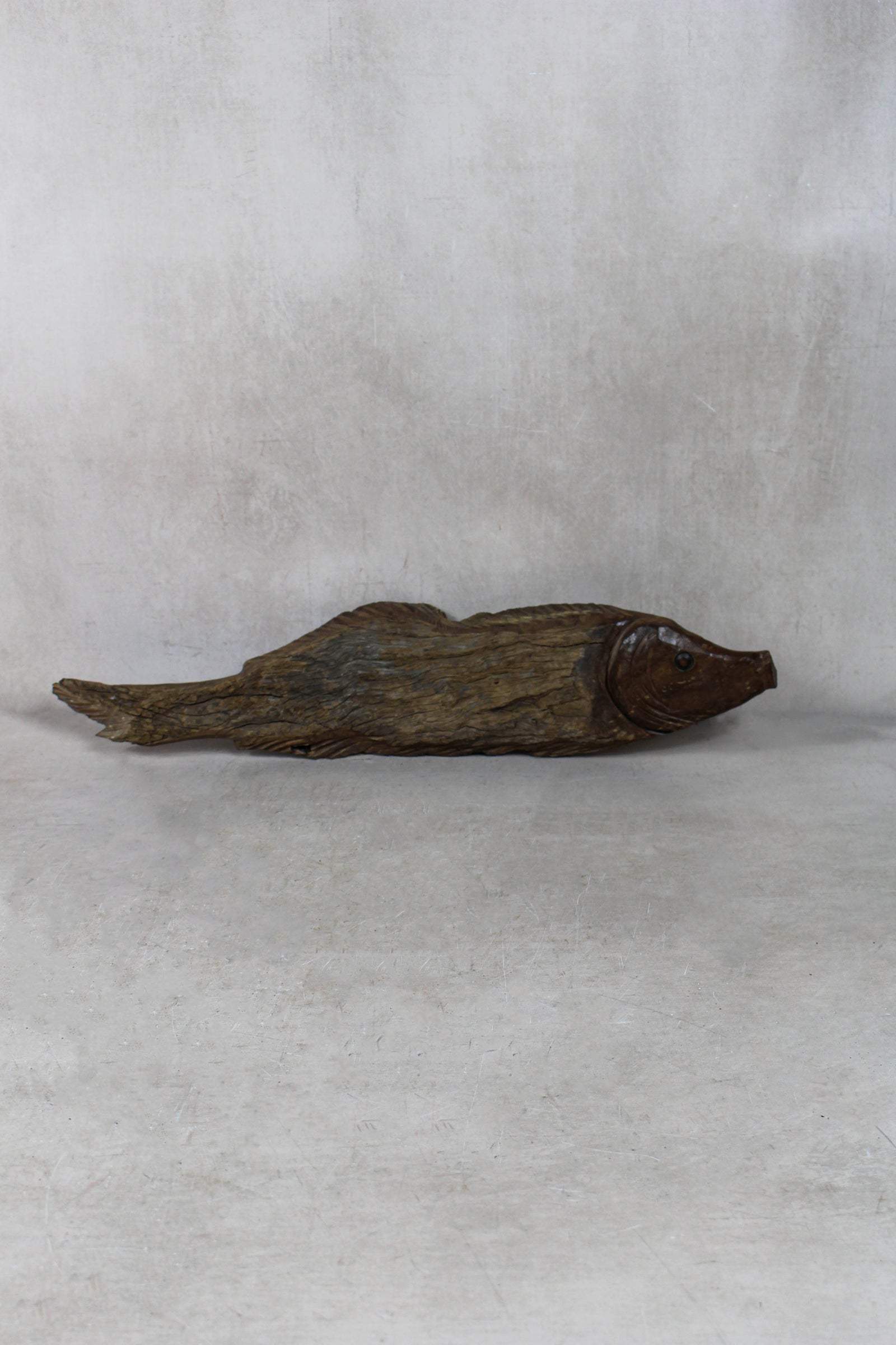 Hand-carved driftwood fish wall sculpture in weathered wood (116.8)