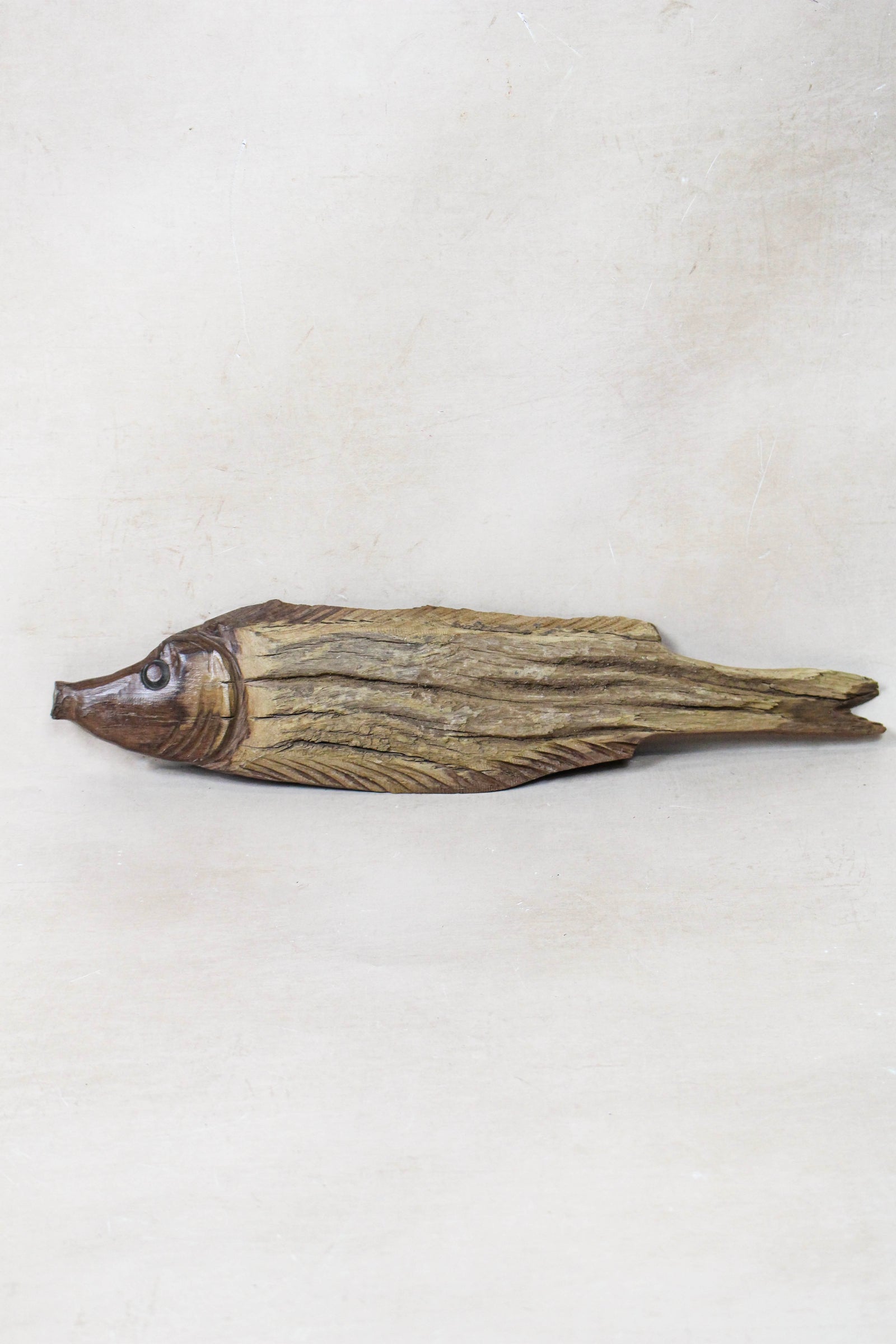 Hand-carved driftwood fish wall sculpture in weathered wood (116.15)