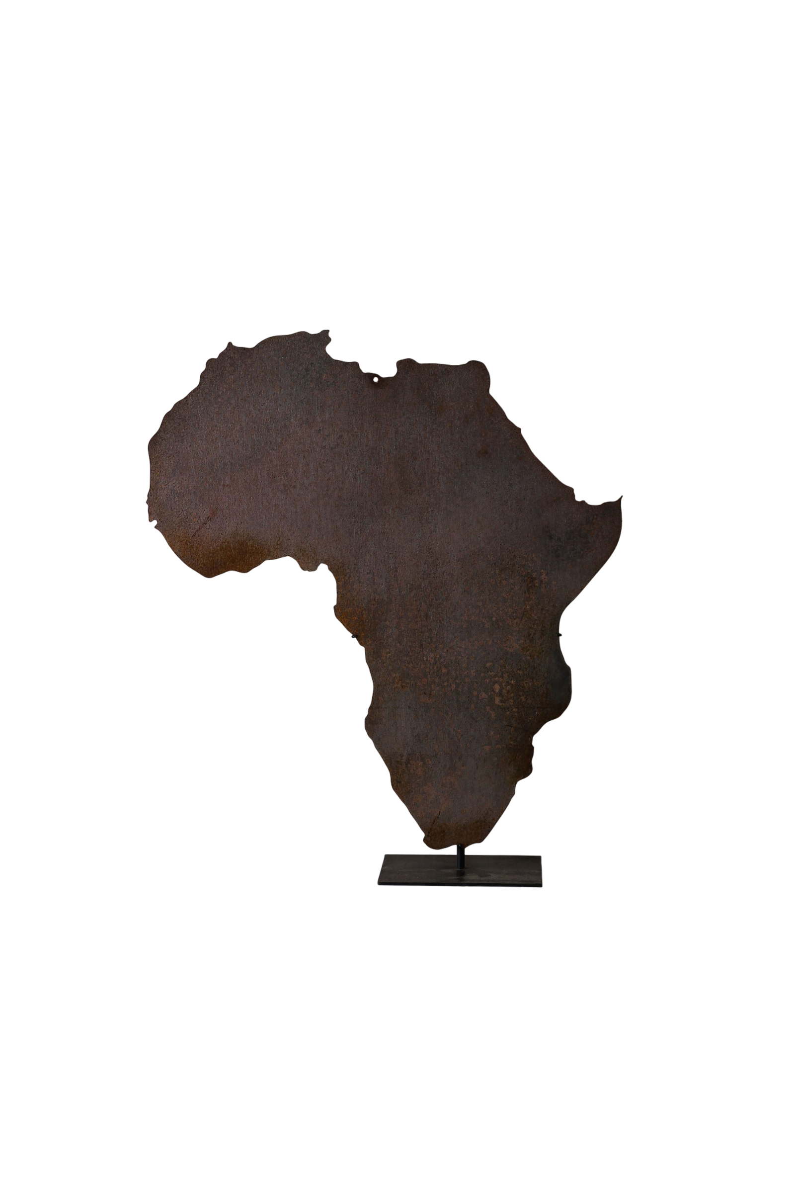Map of Africa laser-cut from rusted Corten steel on a stand