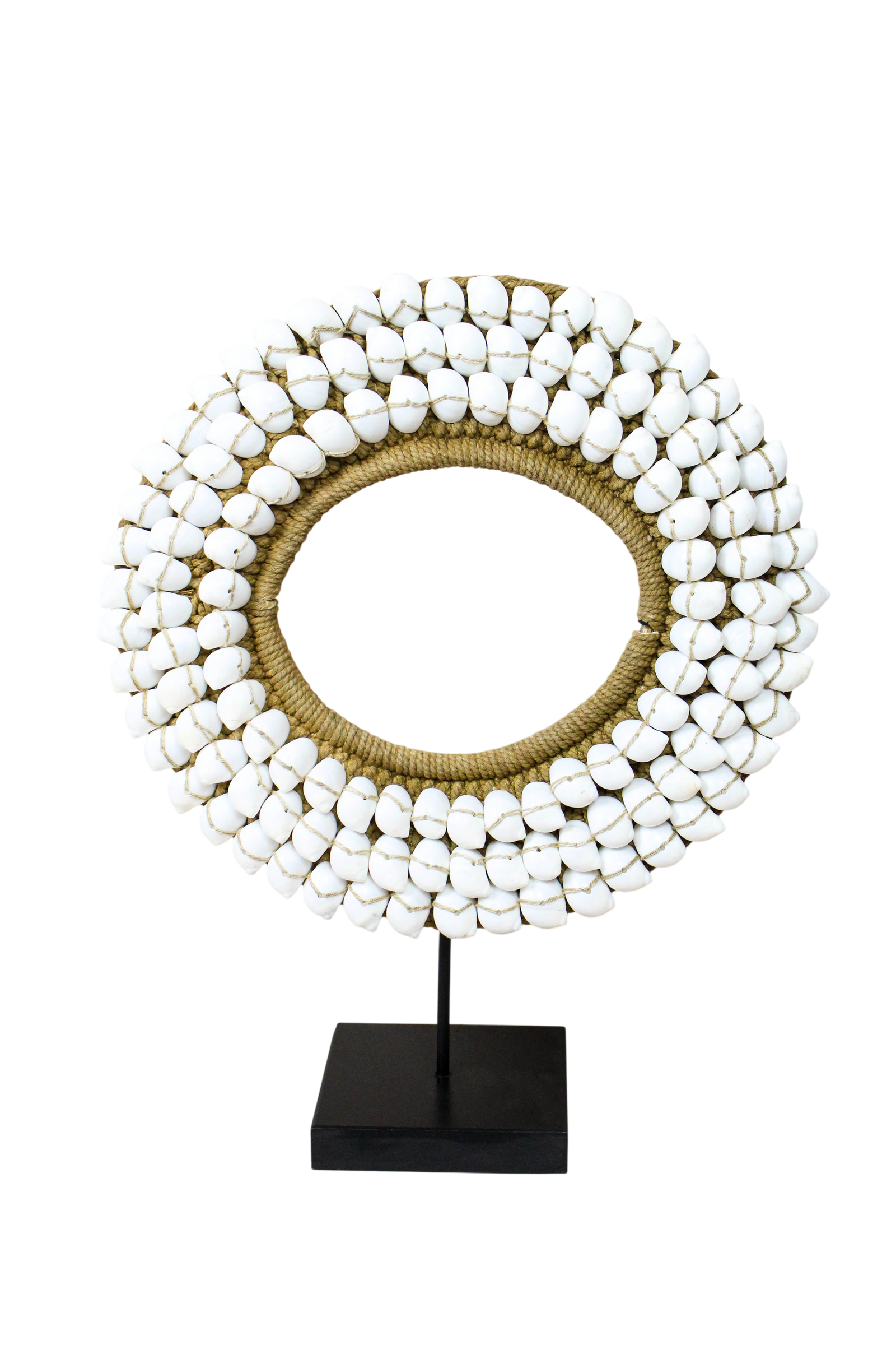 Handmade Indonesian white shell necklace on a display stand