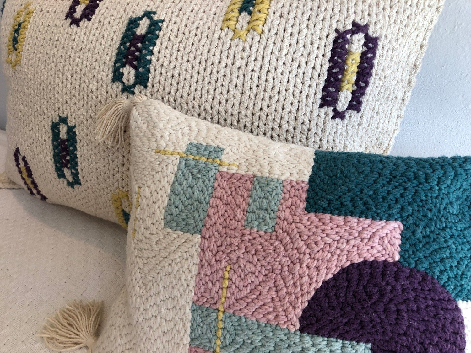 Punch needle geometric cushion cover — detail