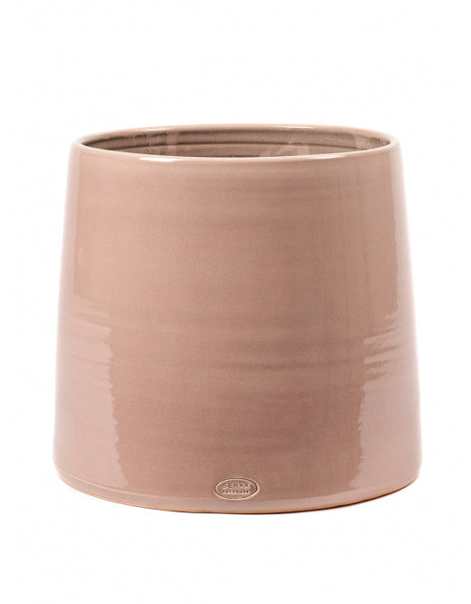 Pink glazed cone plant pot — top view