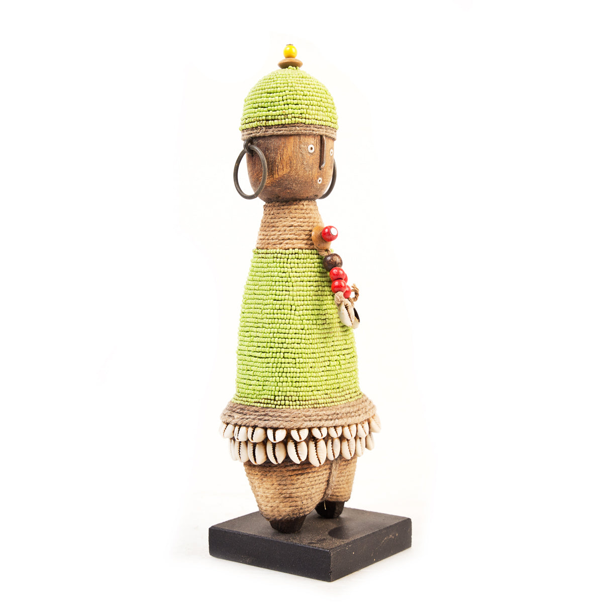 Lime green Namji beaded doll, Cameroon — detail of the beadwork