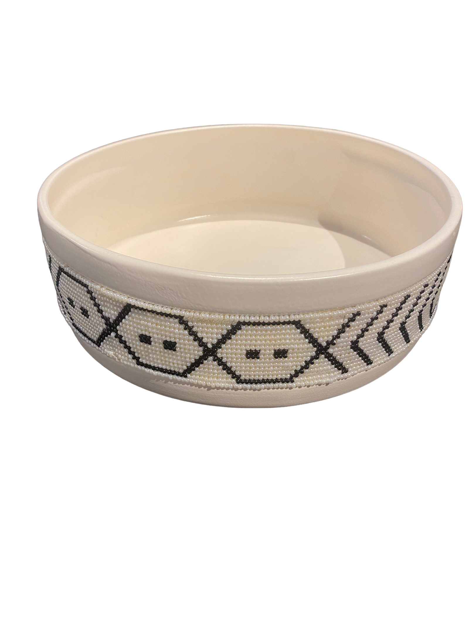 Contemporary ceramic bowl with a handmade glass beaded band around the rim