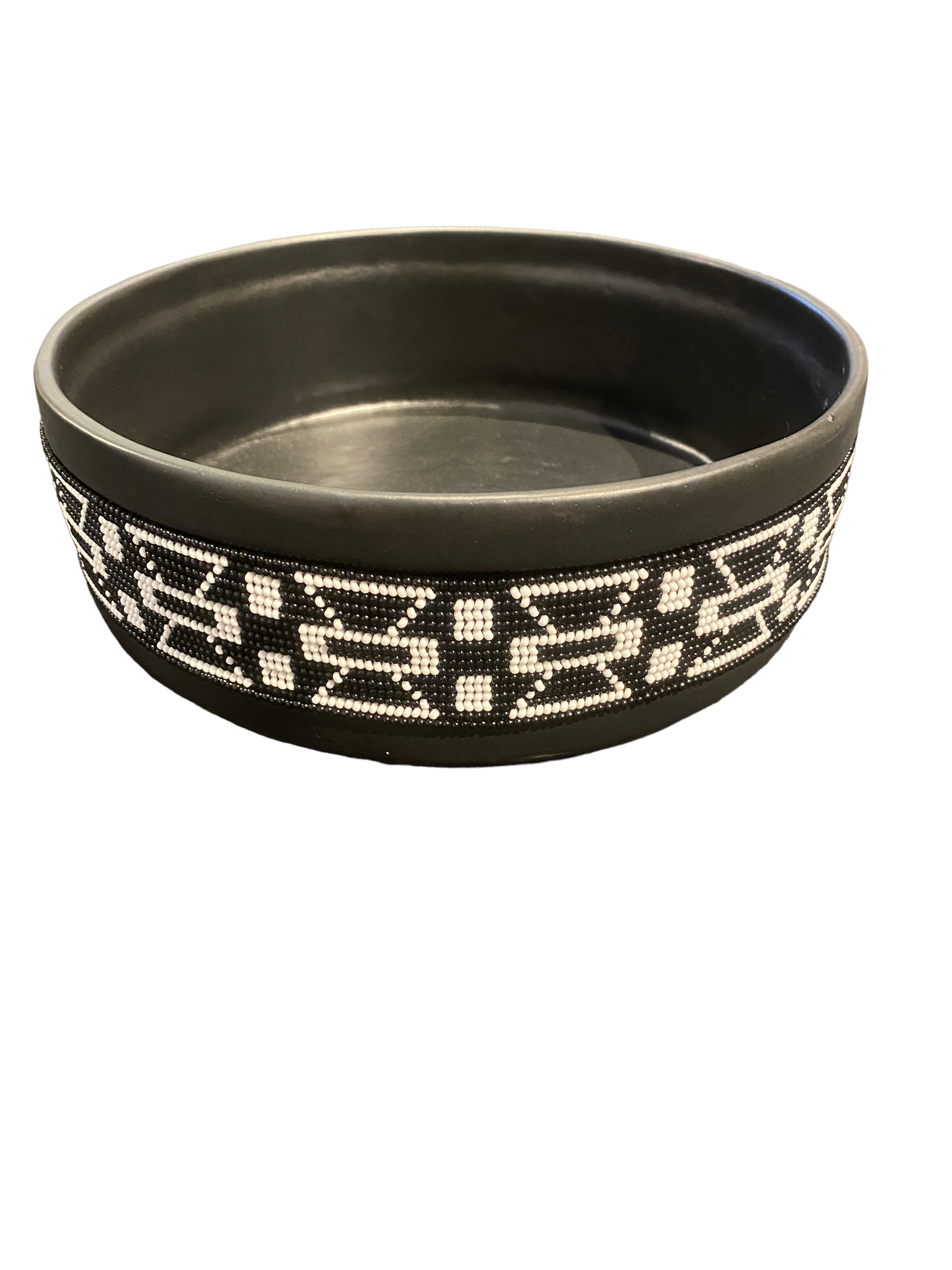 Contemporary ceramic bowl with a handmade glass beaded band around the rim