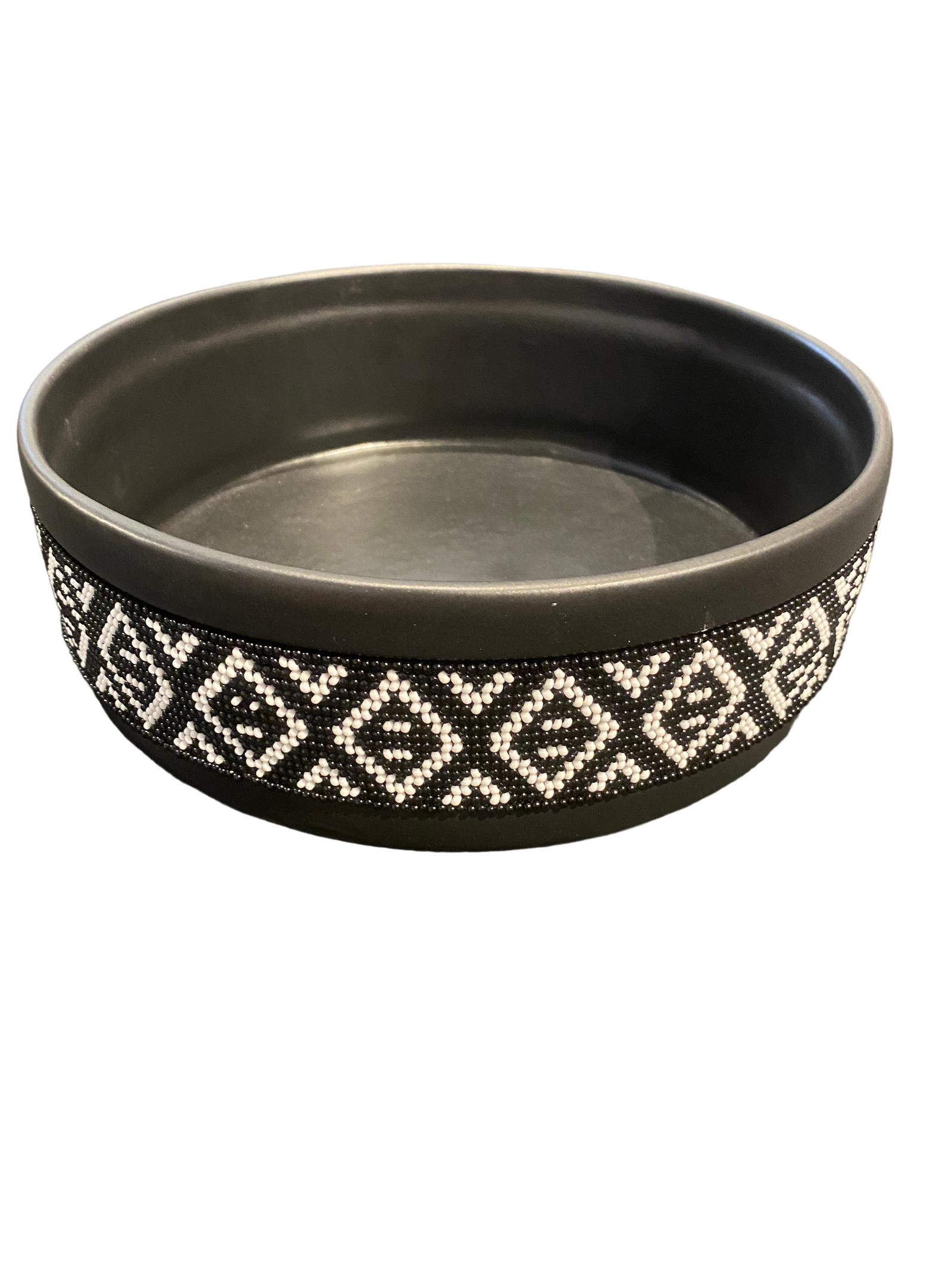 Contemporary ceramic bowl with a handmade glass beaded band around the rim