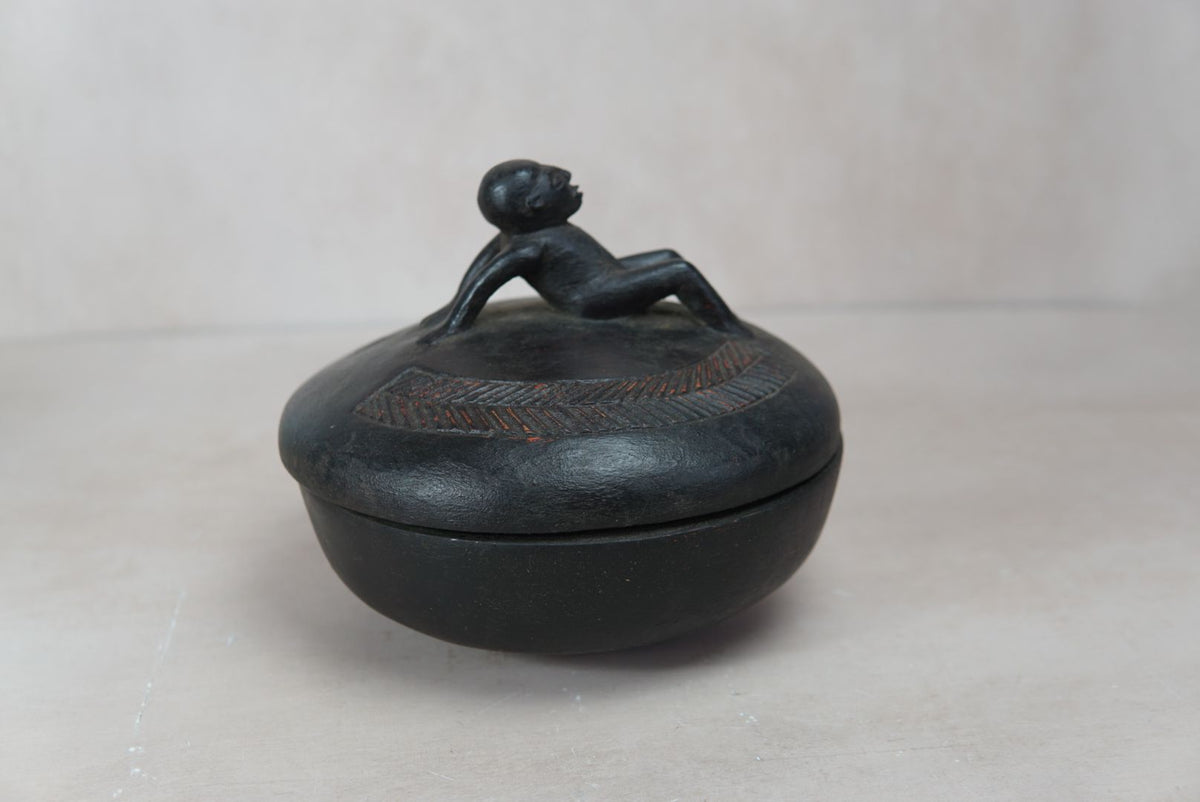 Vintage hand-carved Lozi wooden bowl with reclining-man handle from Zambia