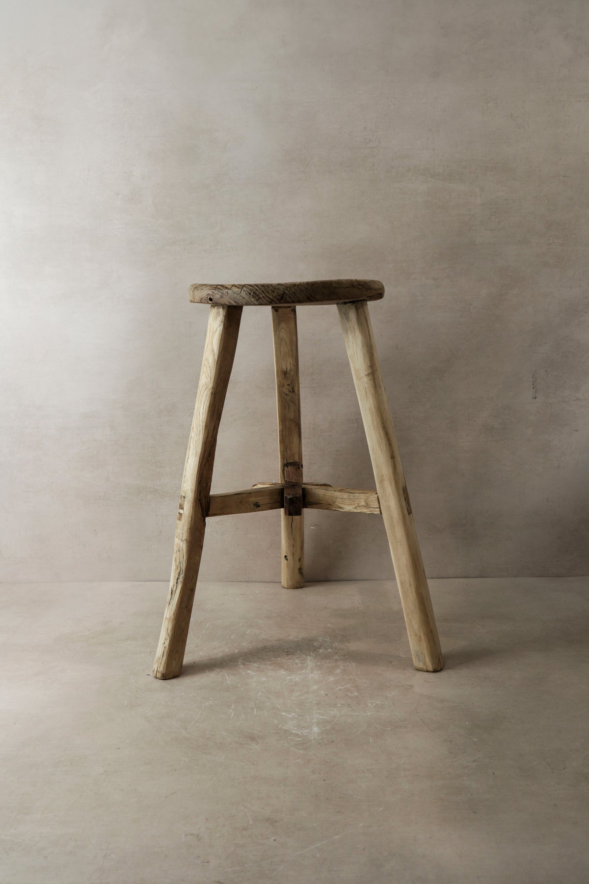 Vintage Rustic Elm Wood Stool - Round - No 4