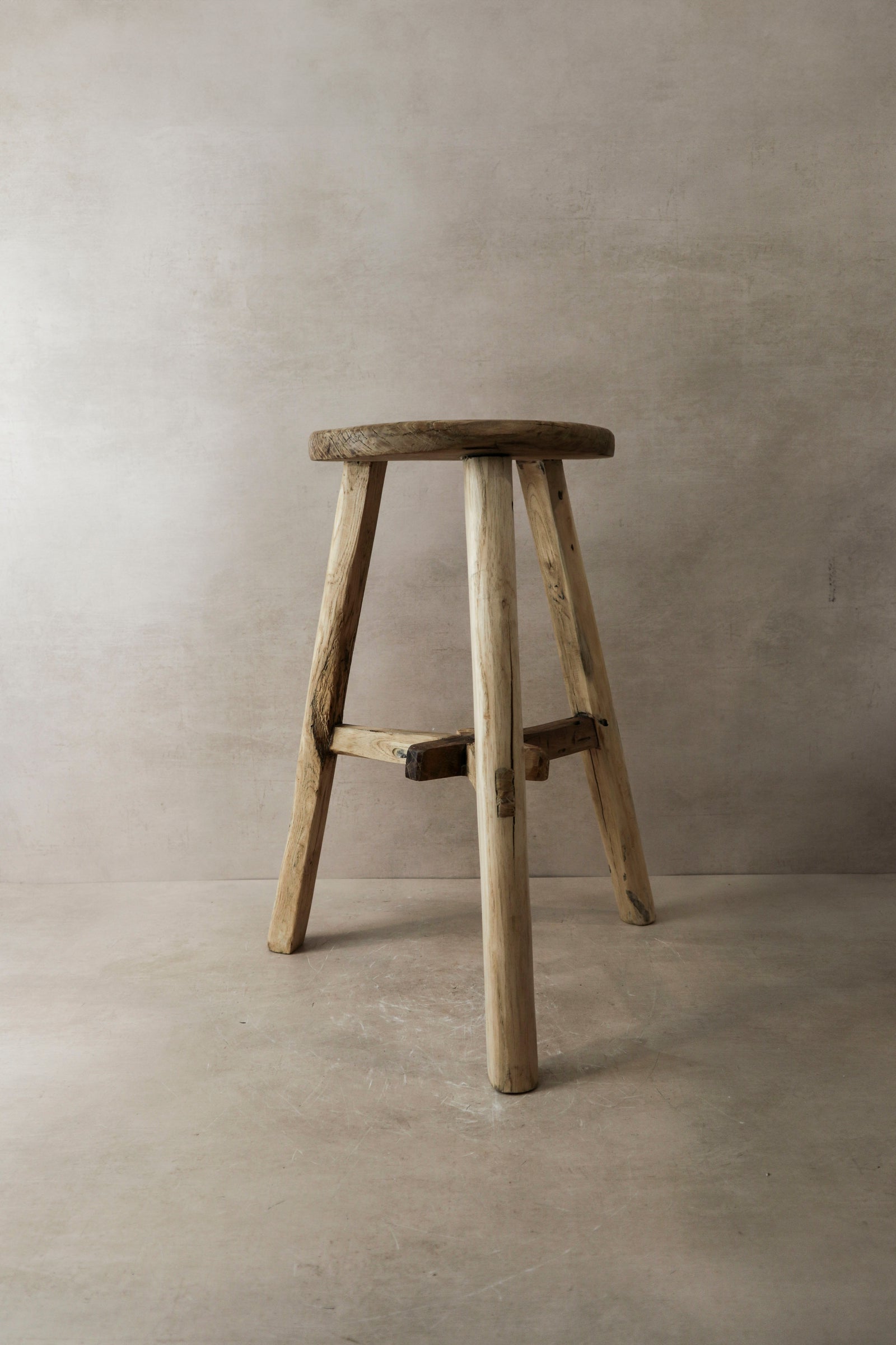 Vintage Rustic Elm Wood Stool - Round - No 4