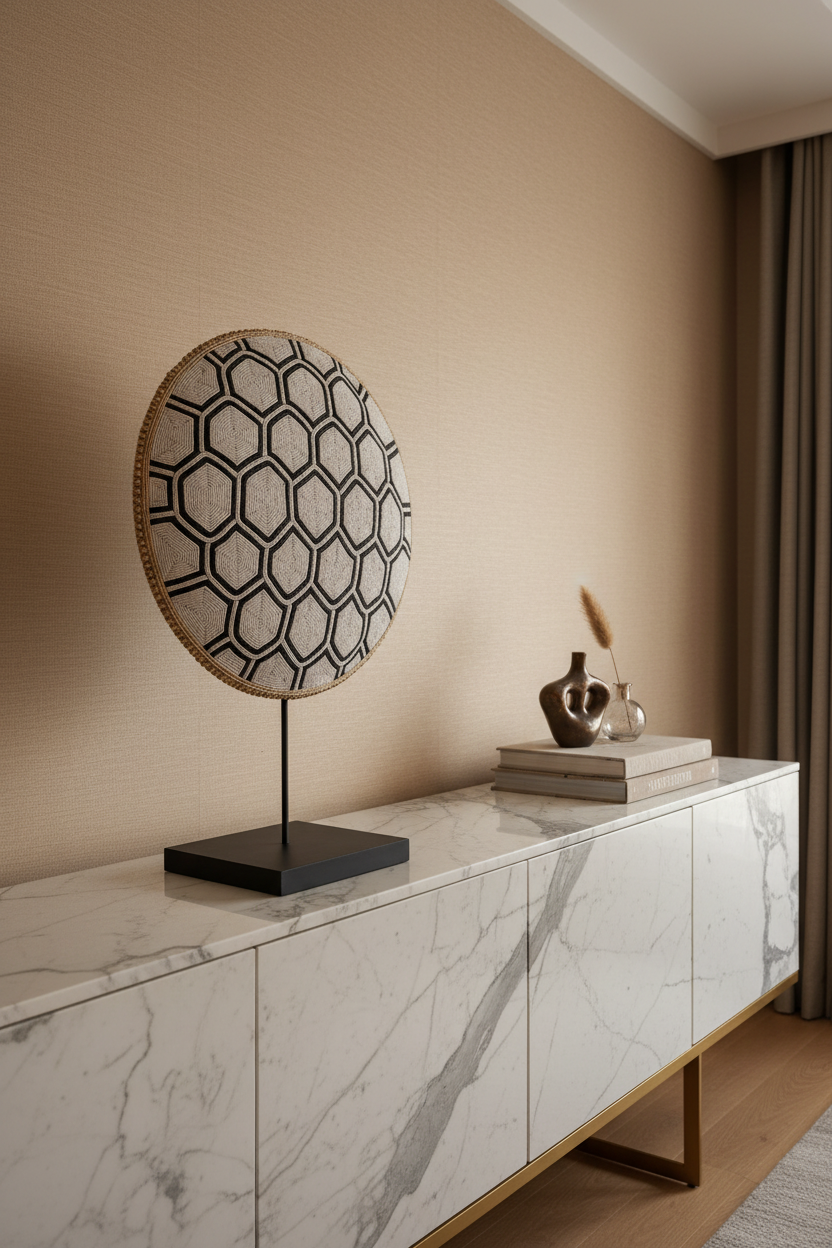 Cameroon beaded shield with pearly beads in a geometric design, on a stand