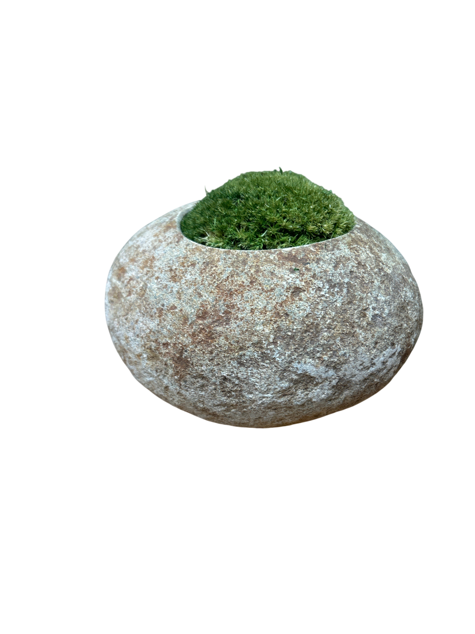 Hand-carved Indonesian riverstone filled with preserved moss
