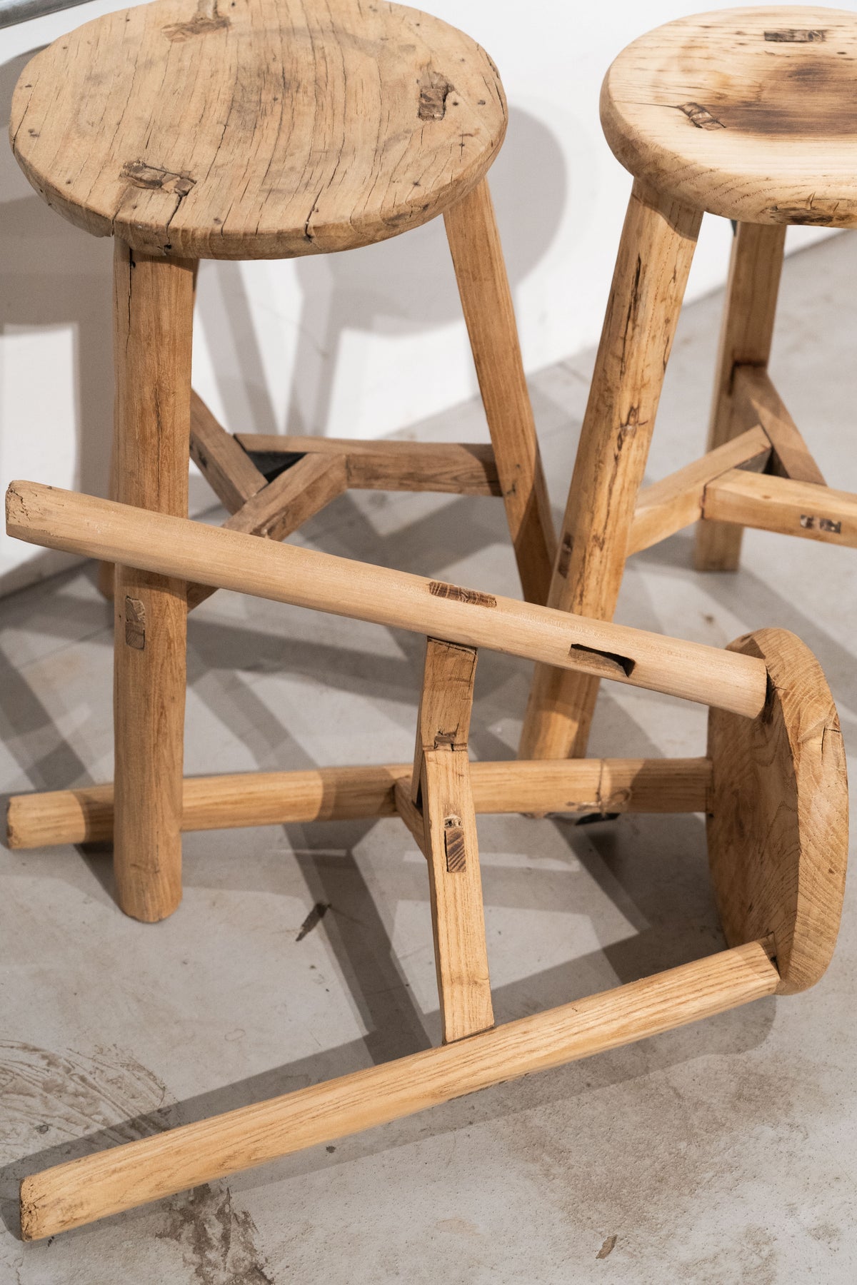 Vintage Rustic Round Stool - Elm wood