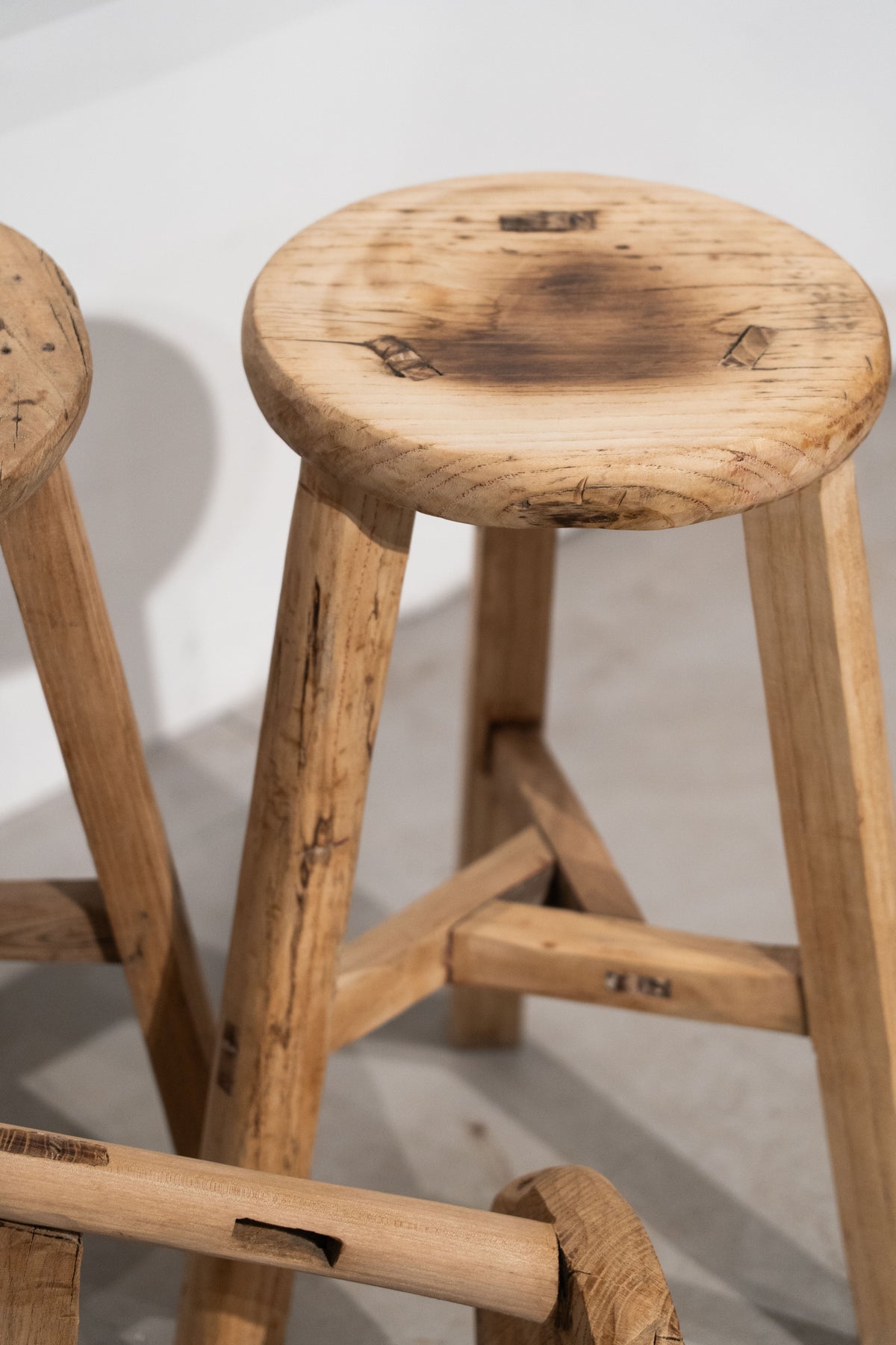 Vintage Rustic Round Stool - Elm wood