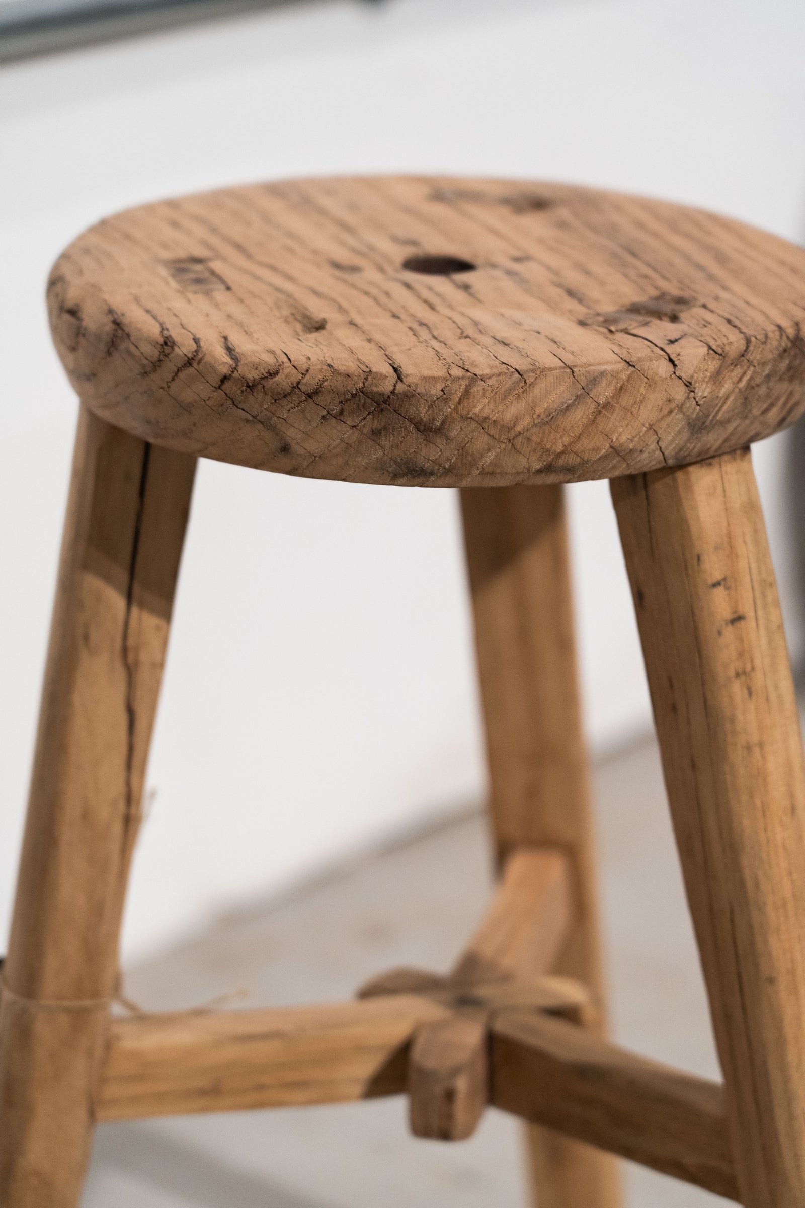 Vintage Rustic Round Stool - Elm wood