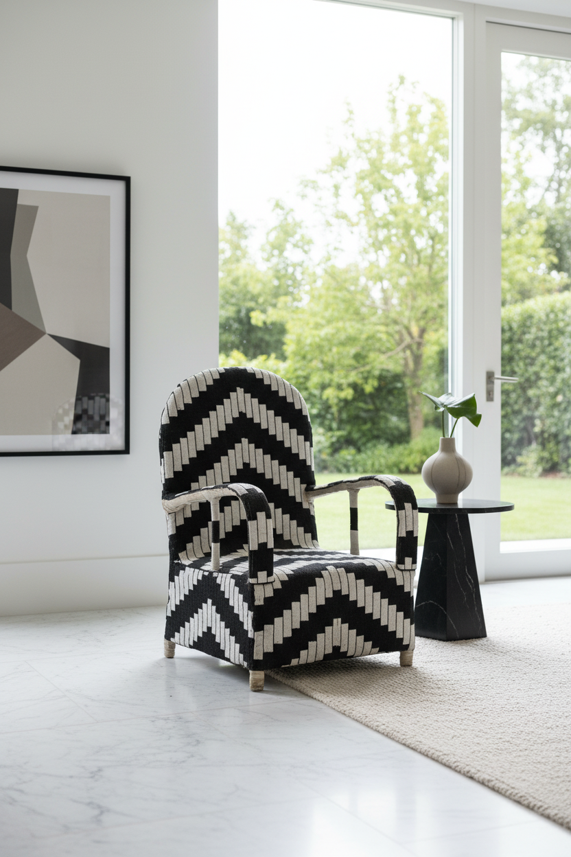 Yoruba royal beaded chair in geometric black and white beadwork, West Africa