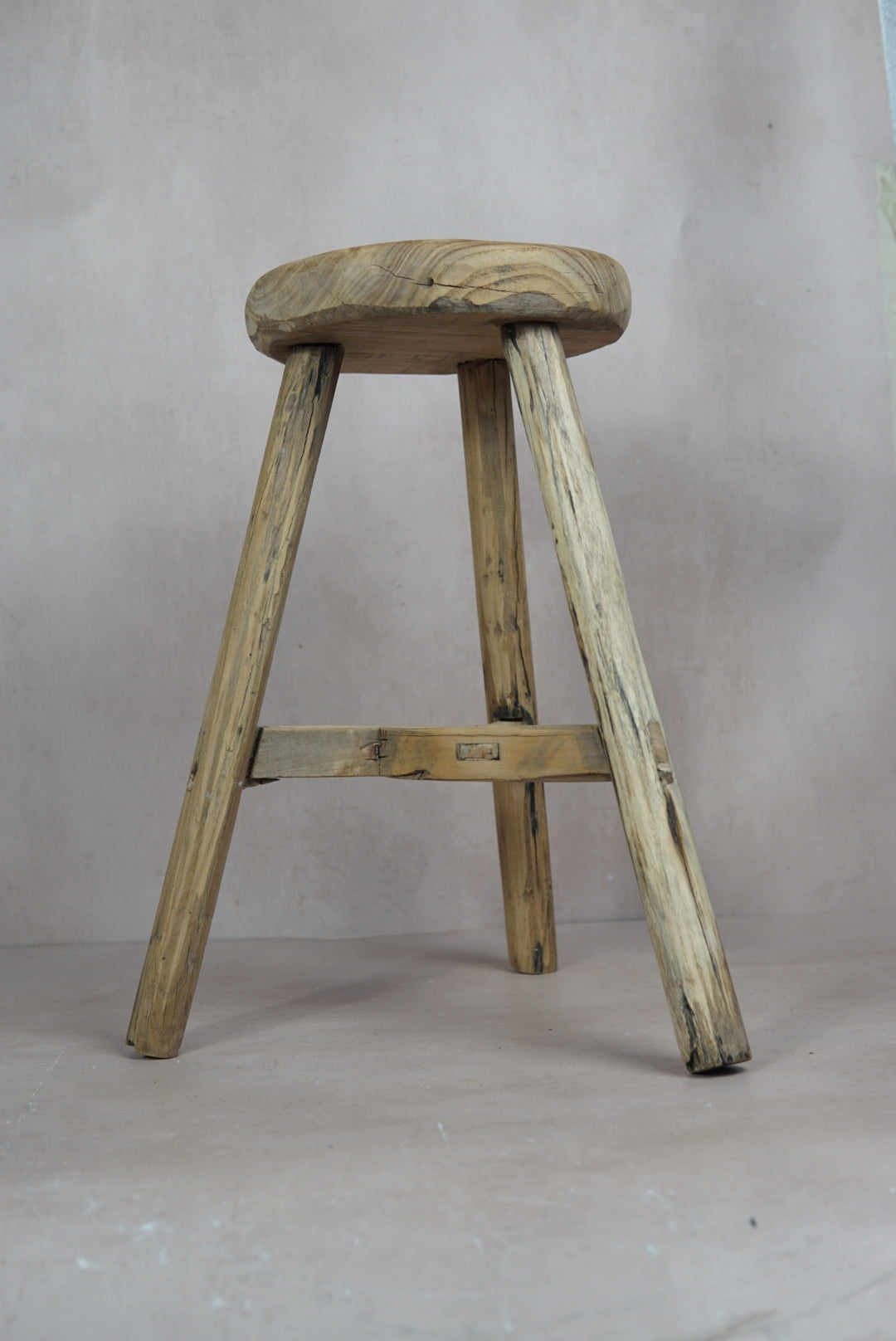 Vintage Rustic Round Stool - Elm wood - 48.3