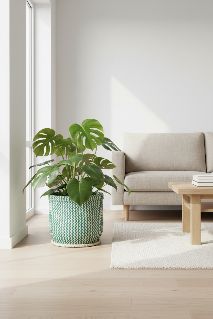 Handwoven green zig-zag rattan Malawi planter basket