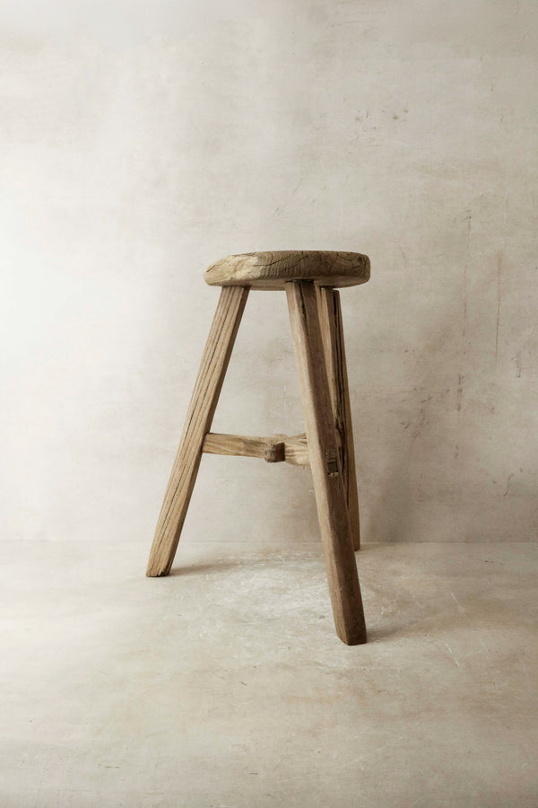 Vintage Rustic Elm Wood Stool - Round - No 21 - Botanical Boys