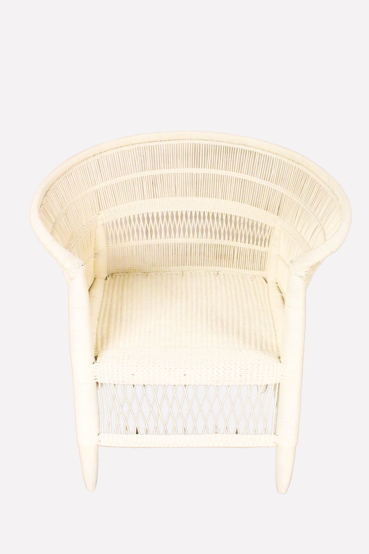 Handwoven white rattan Malawi chair with curved barrel back
