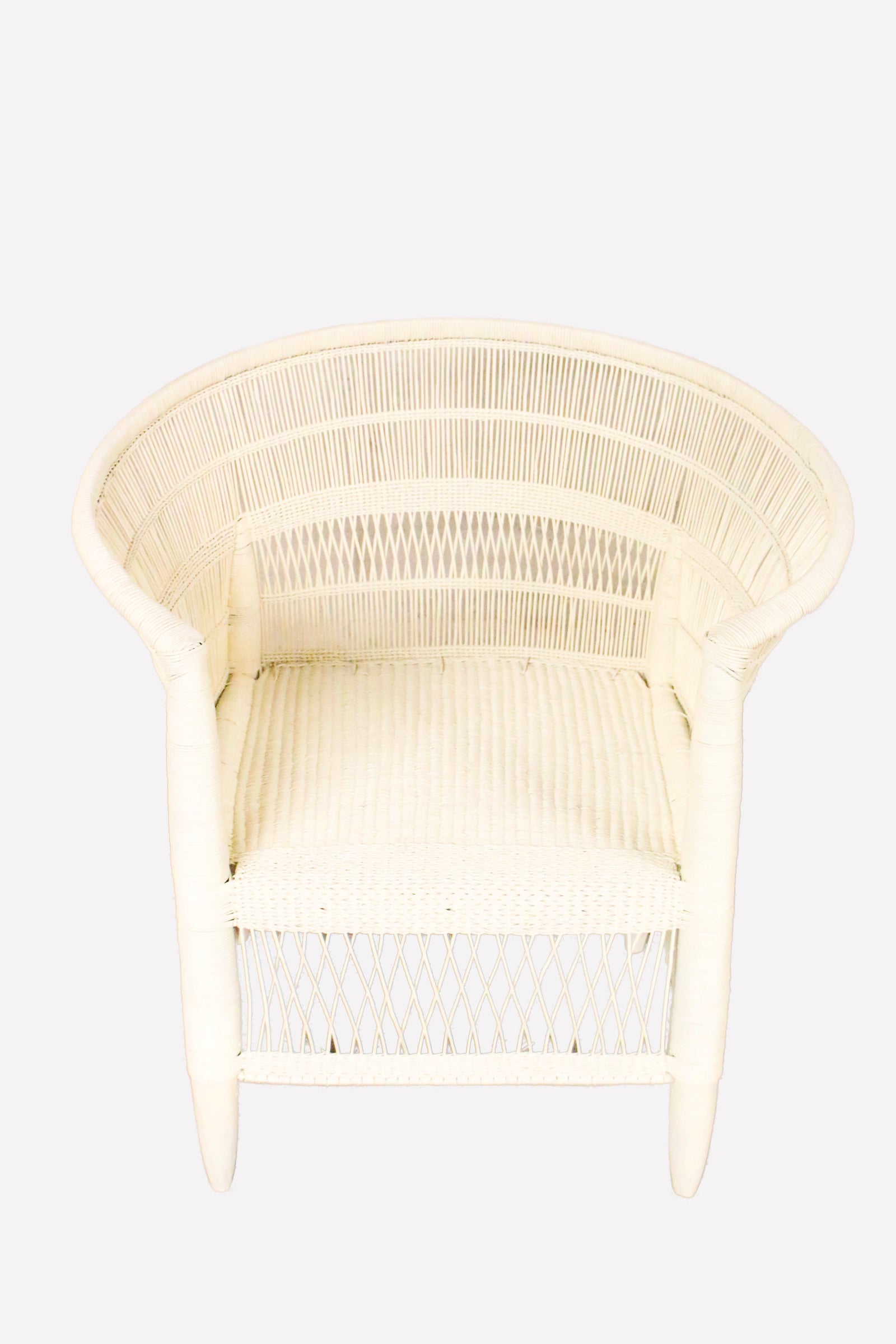 Handwoven white rattan Malawi chair with curved barrel back