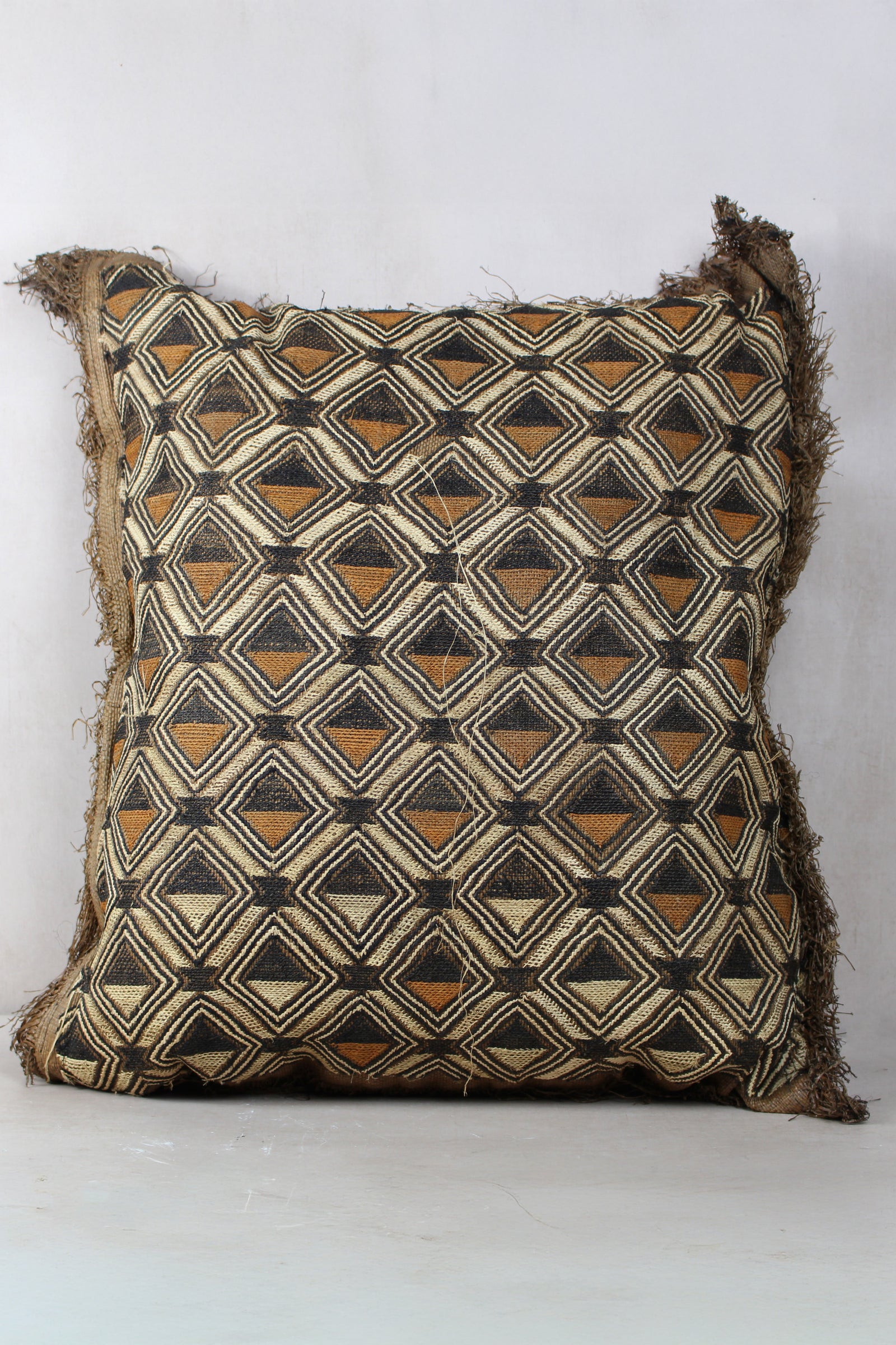 Vintage Showa (Kuba) raffia cut-pile cloth cushion from DR Congo, 60×60cm