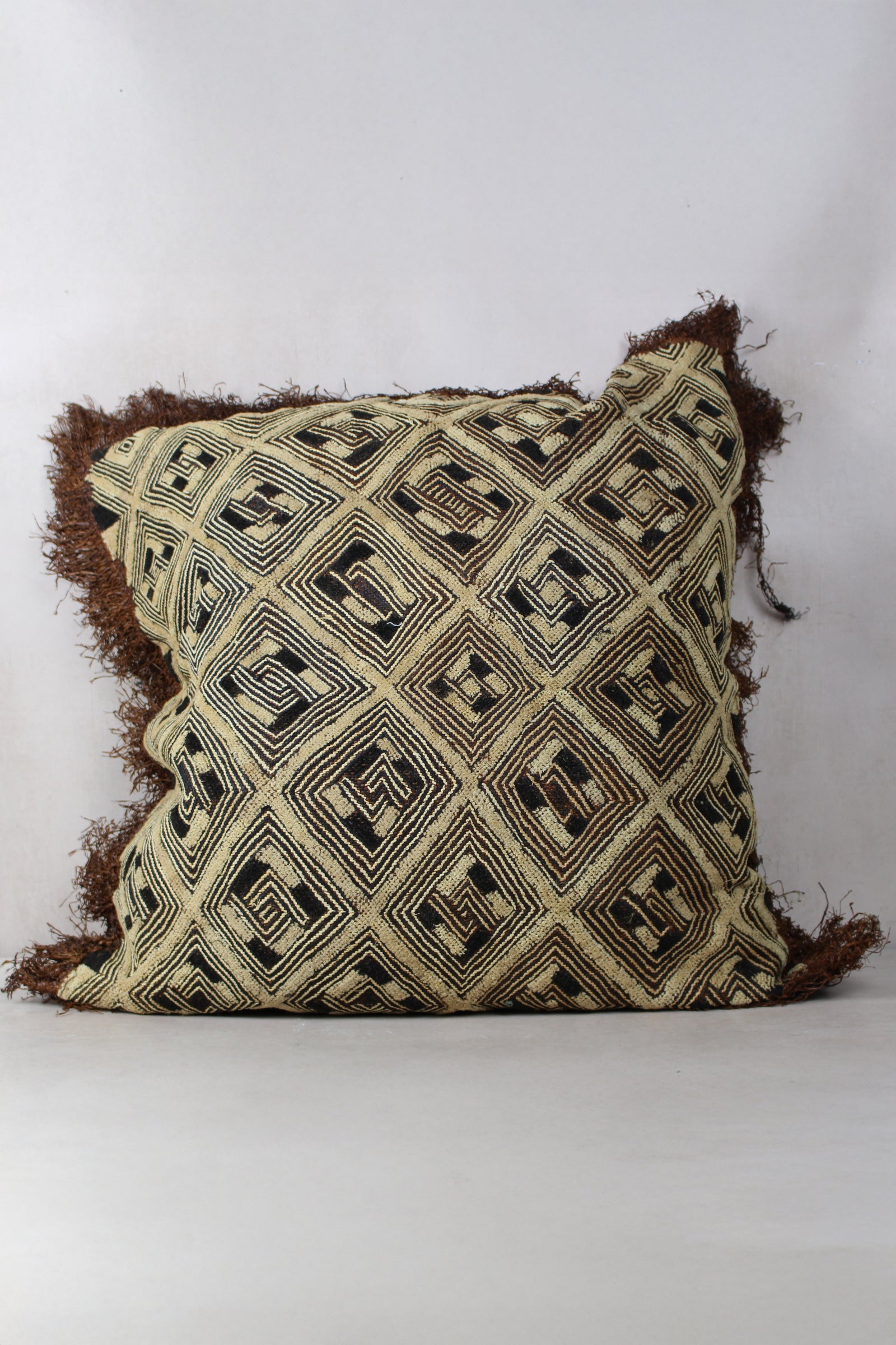 Vintage Showa (Kuba) raffia cut-pile cloth cushion from DR Congo, 60×60cm