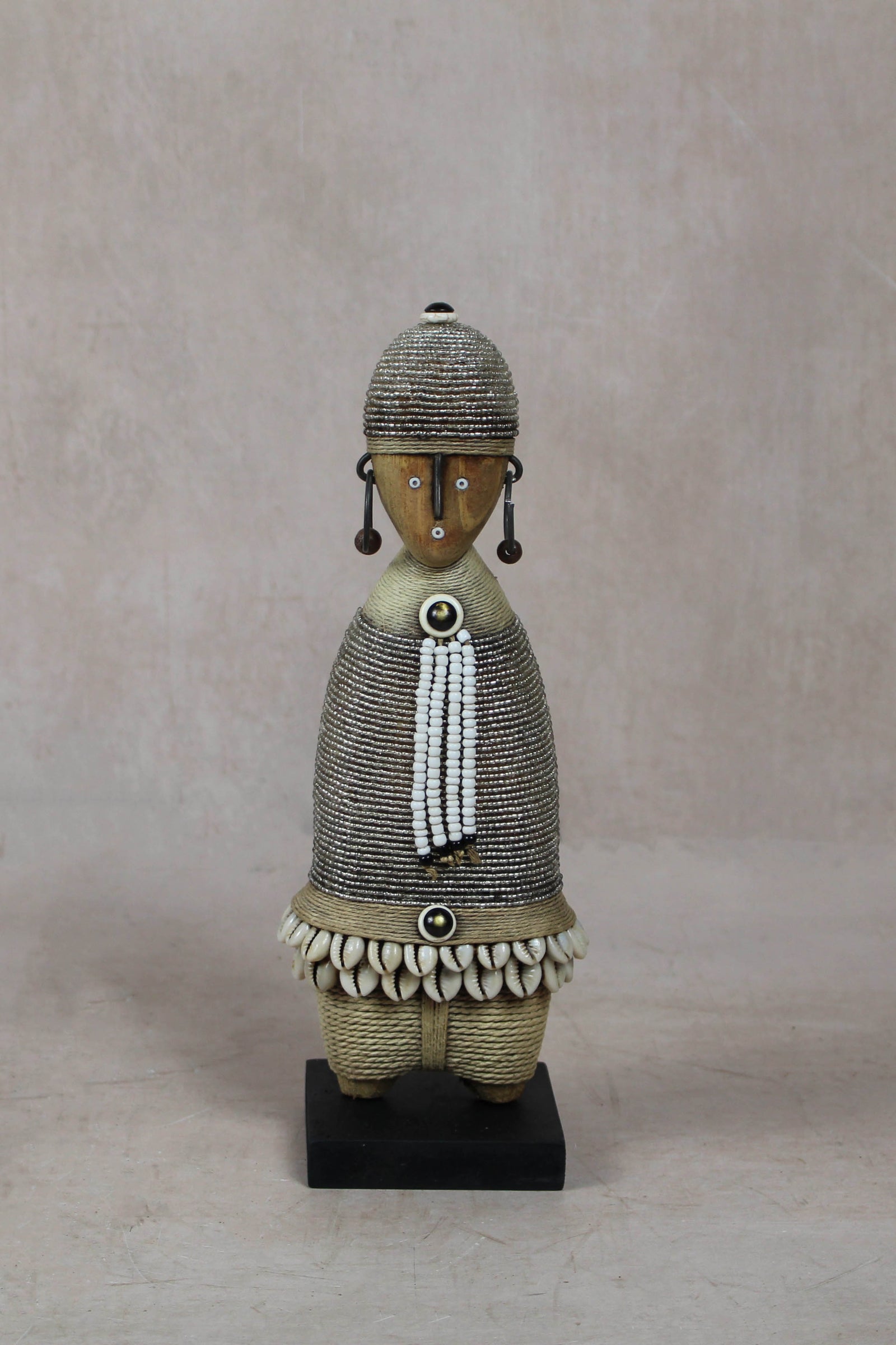 Hand-carved silver beaded Namji doll from Cameroon