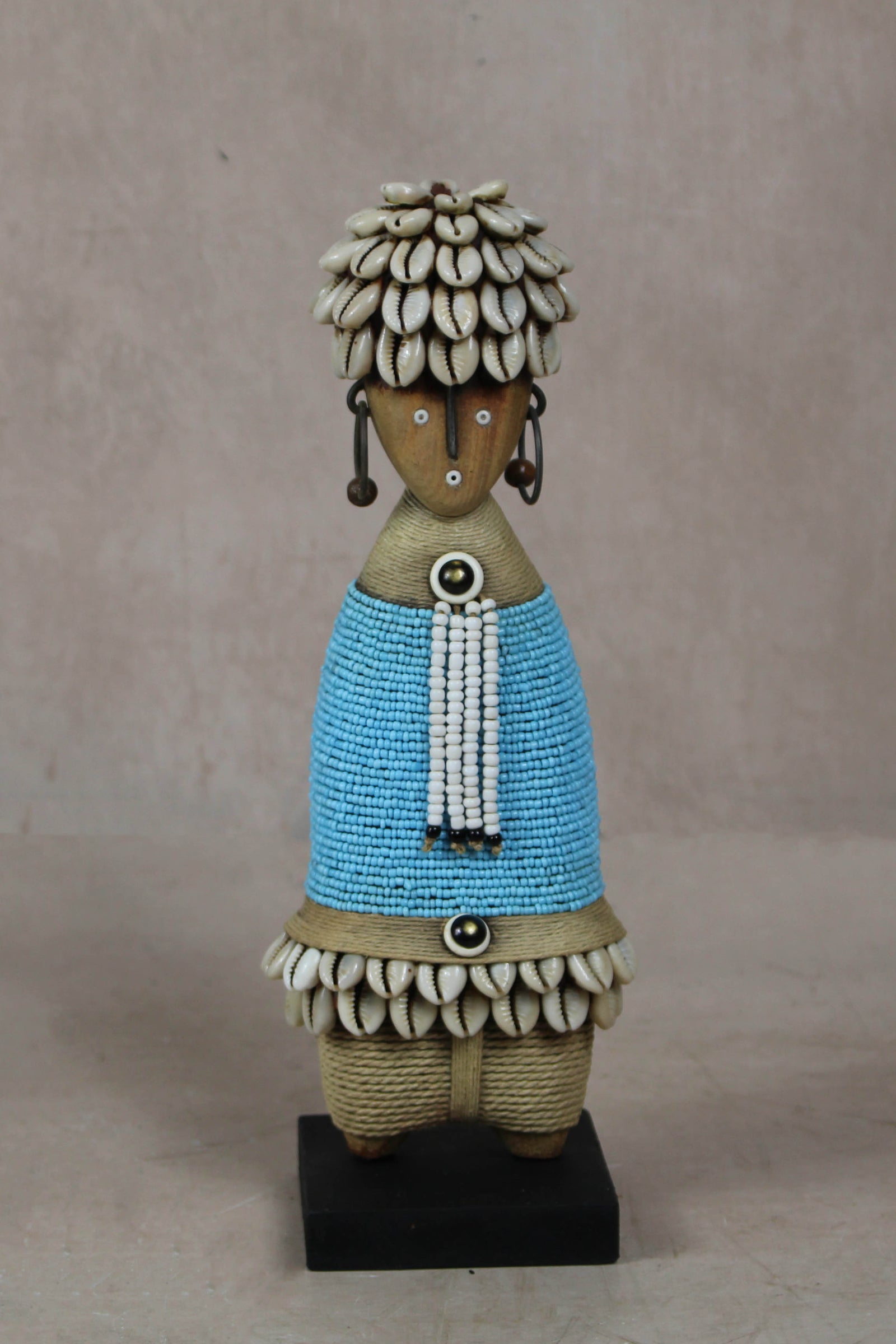 Hand-carved blue beaded Namji doll from Cameroon
