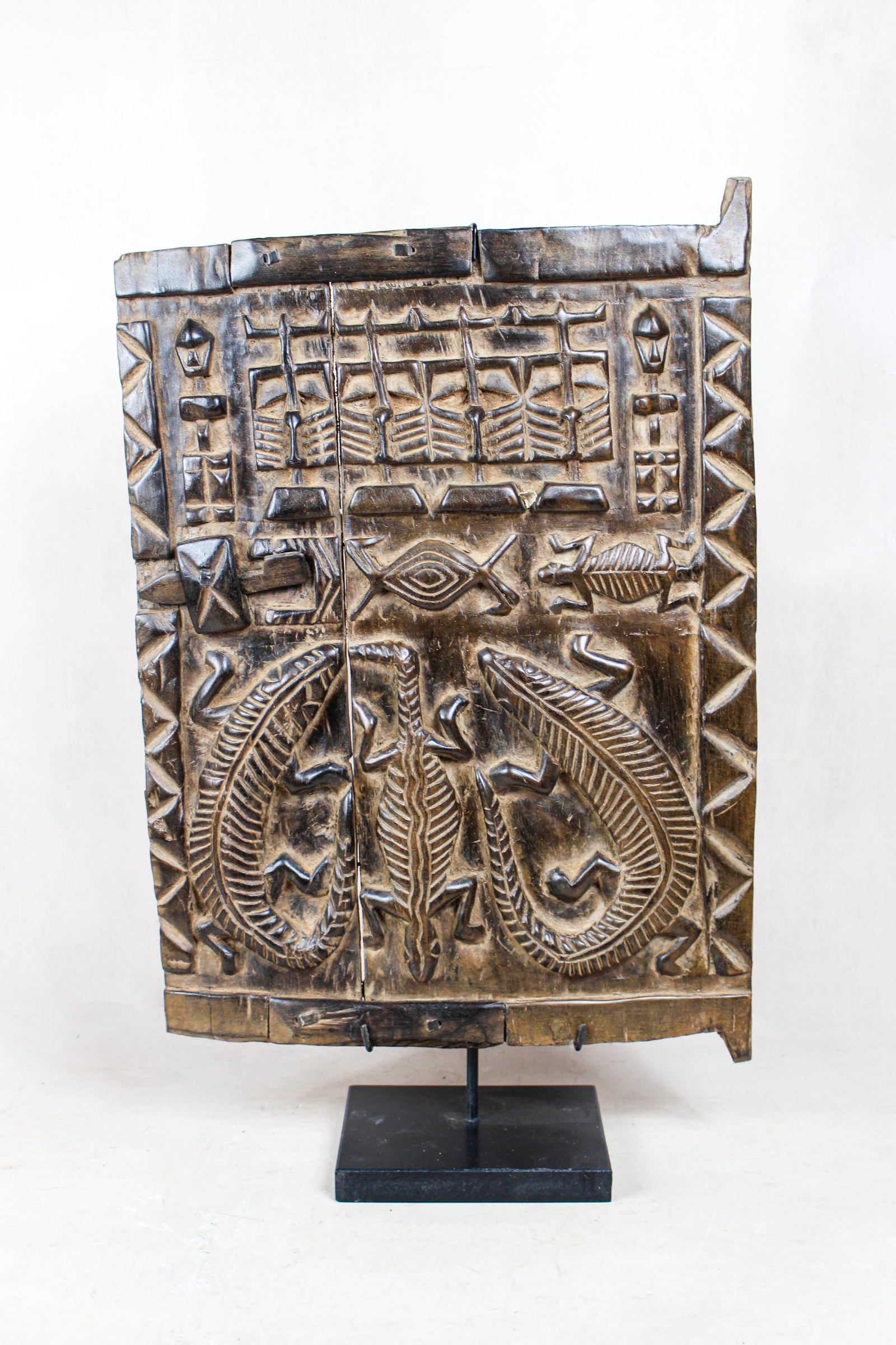 Antique Dogon granary door from the Bandiagara Escarpment, Mali, with hand-carved figures