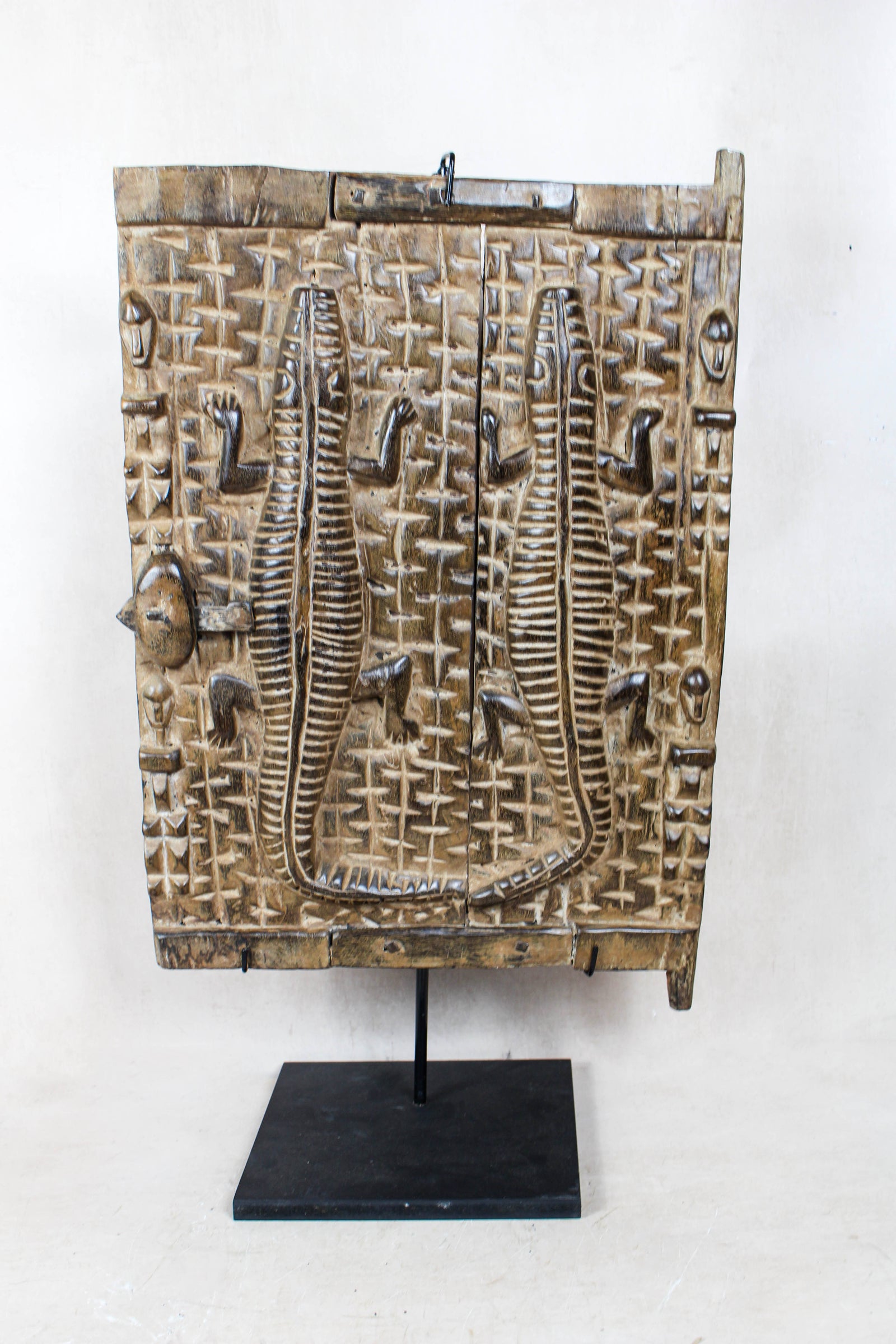 Antique Dogon granary door from the Bandiagara Escarpment, Mali, with hand-carved figures