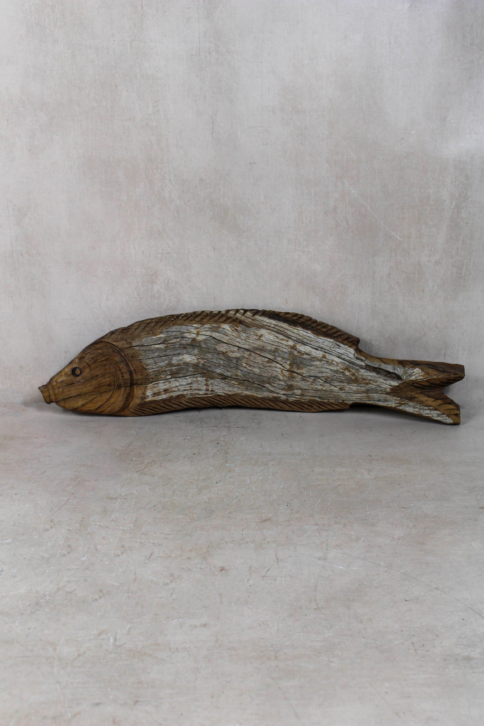 Hand-carved driftwood fish wall sculpture in weathered wood (116.2)