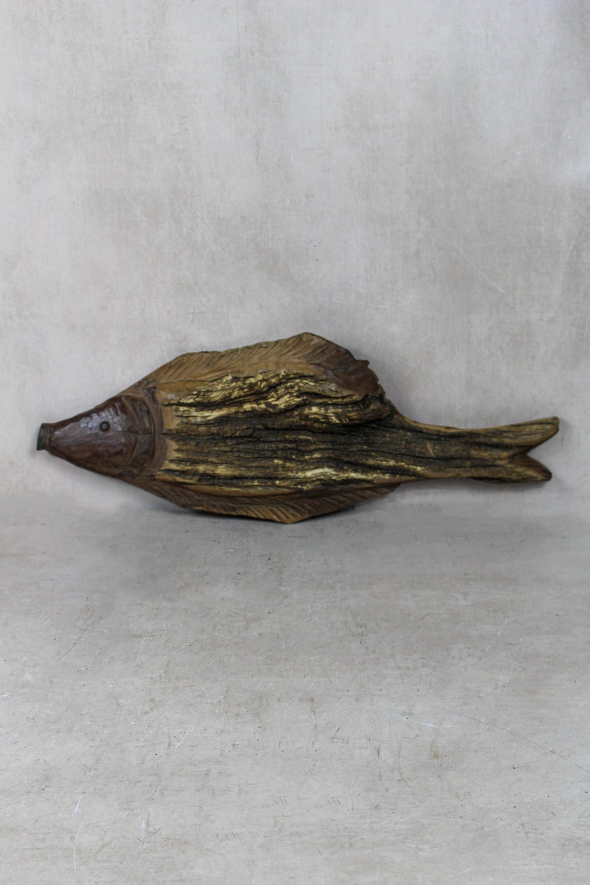 Hand-carved driftwood fish wall sculpture in weathered wood (116.4)
