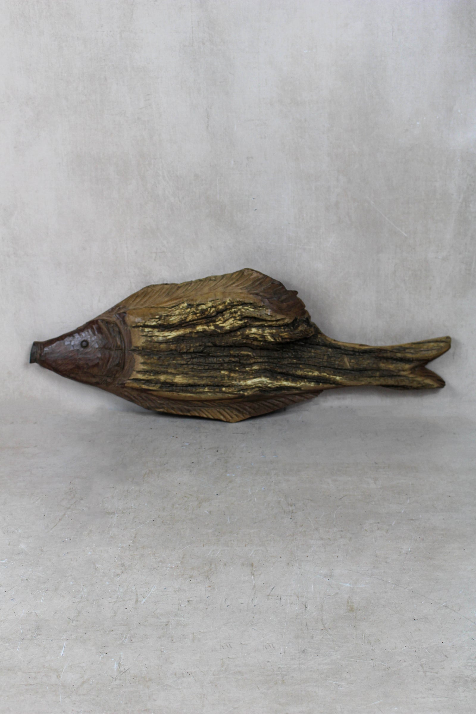 Hand-carved driftwood fish wall sculpture in weathered wood (116.4)