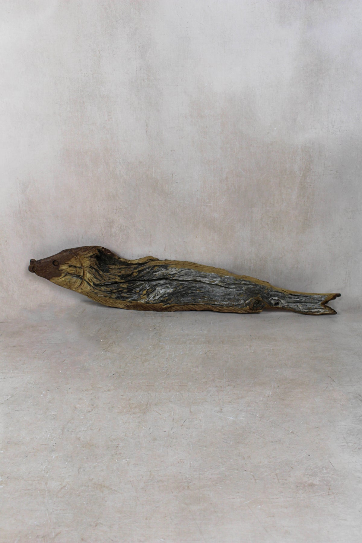 Hand-carved driftwood fish wall sculpture in weathered wood (116.5)