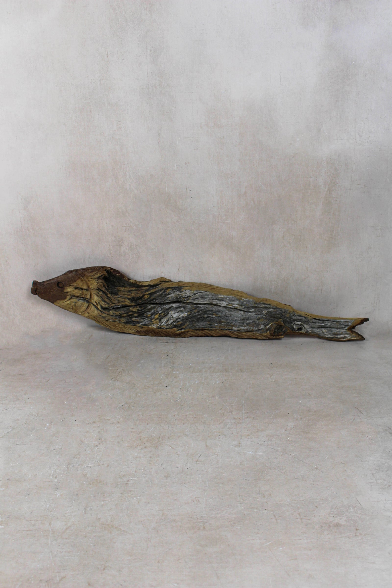 Hand-carved driftwood fish wall sculpture in weathered wood (116.5)