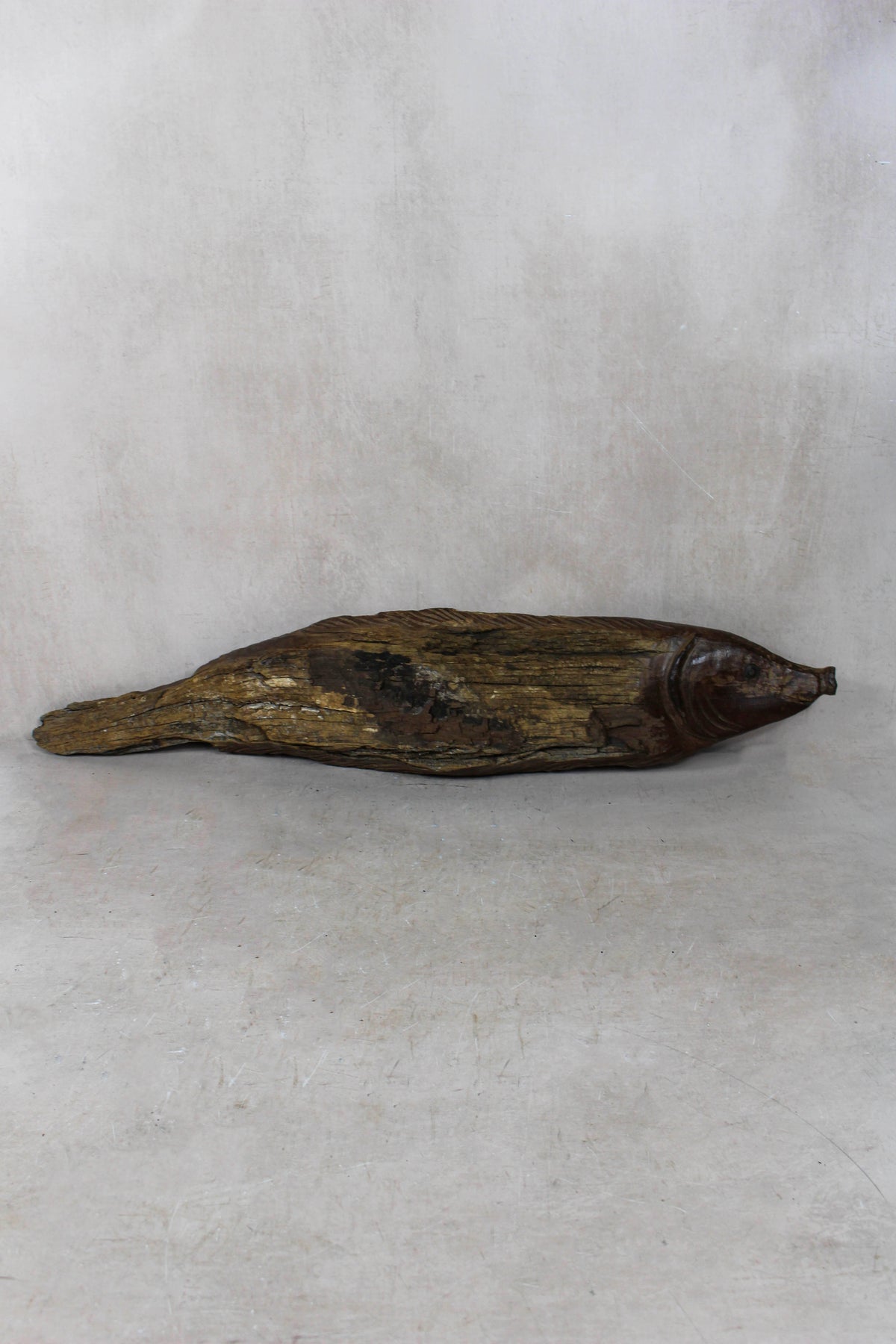 Hand-carved driftwood fish wall sculpture in weathered wood (116.6)