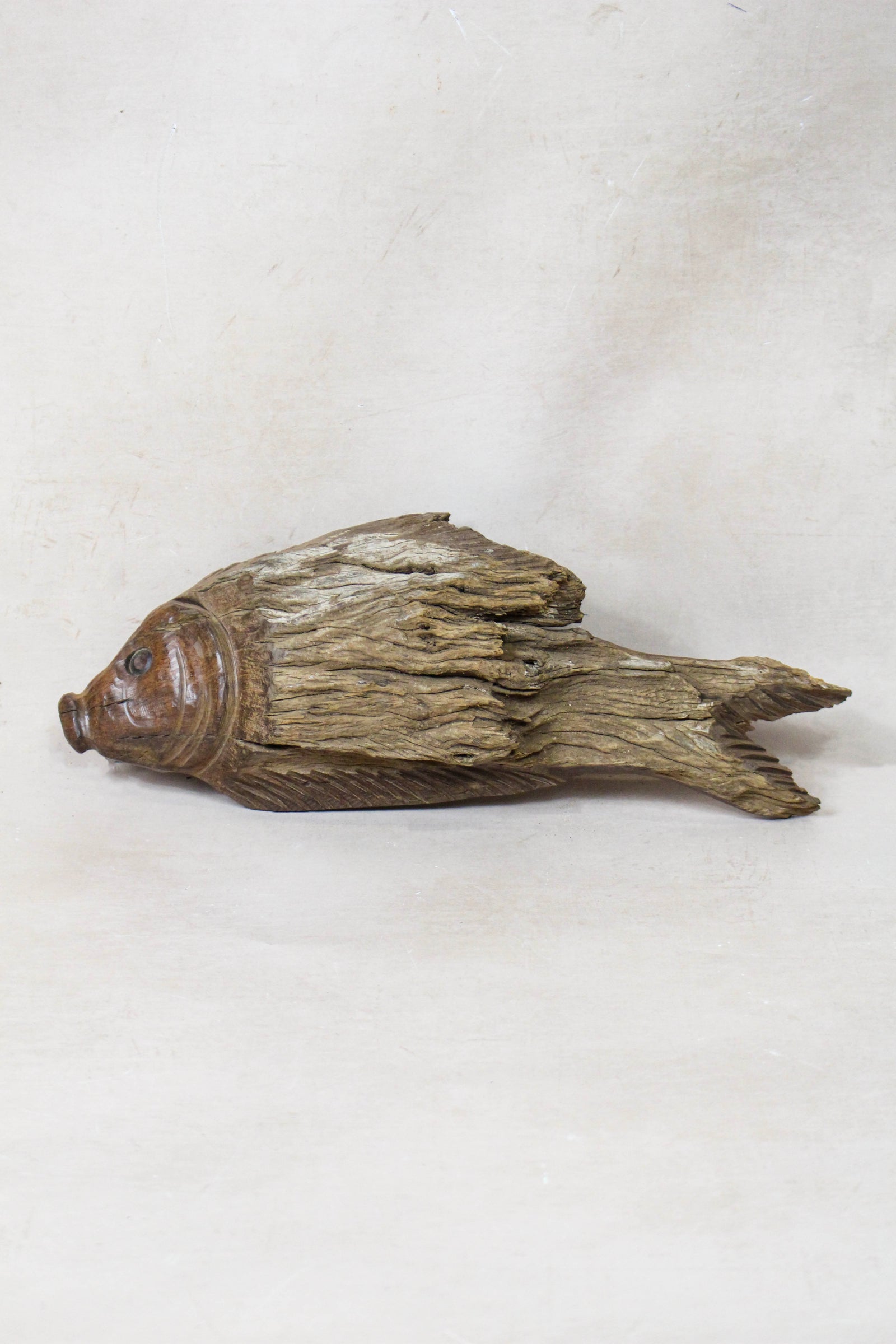 Hand-carved driftwood fish wall sculpture in weathered wood (116.12)
