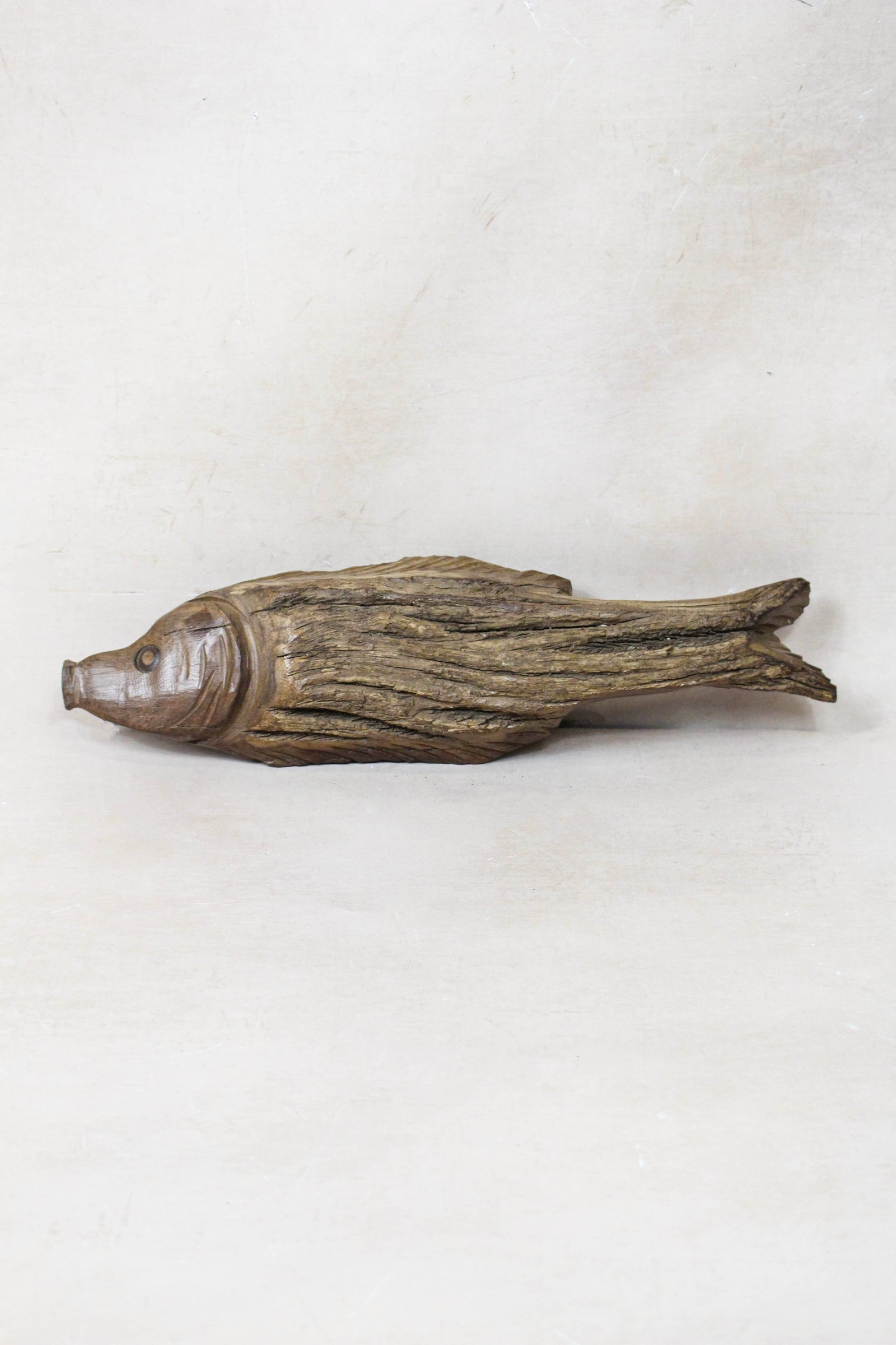 Hand-carved driftwood fish wall sculpture in weathered wood (116.14)