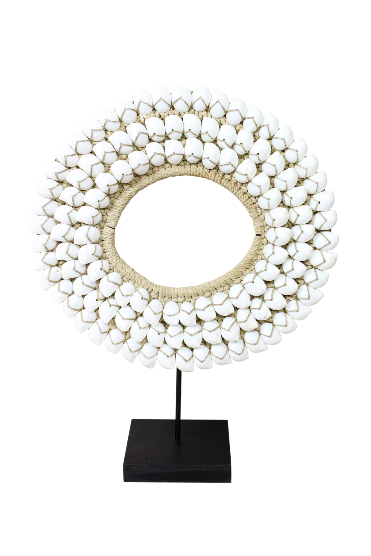 Handmade Indonesian white shell necklace on a display stand