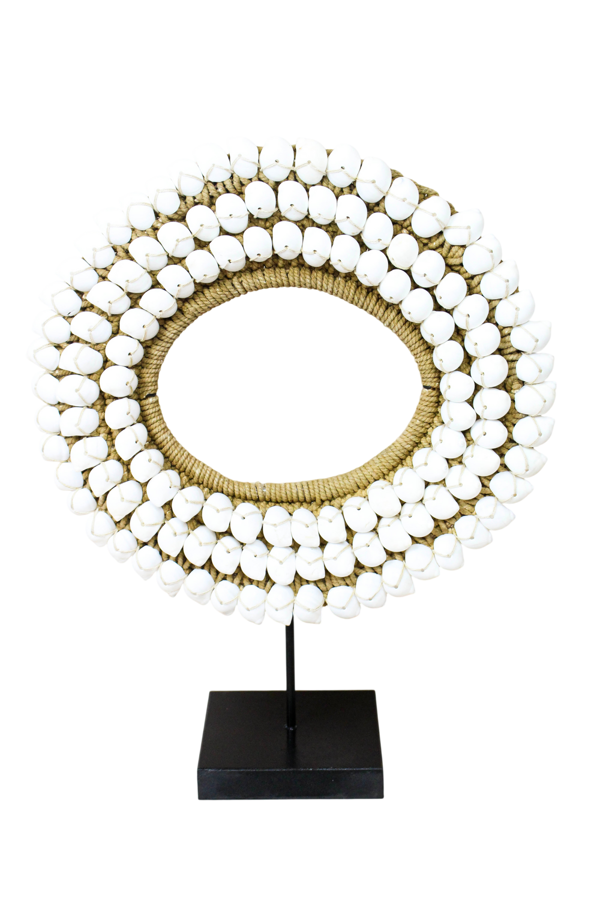 Handmade Indonesian white shell necklace on a display stand